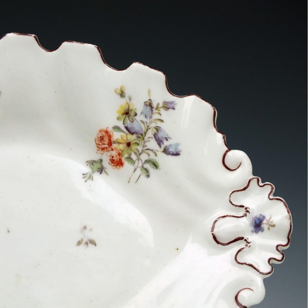Chelsea Porcelain Oval Moulded Silver Shape Dish, c1755

Additional information:
Date : c1752-56
Period : George II
Marks : Red anchor
Origin : Chelsea, London, England
Colour : Polychrome
Pattern : Silver shape floral
Features : Oval silver shaped