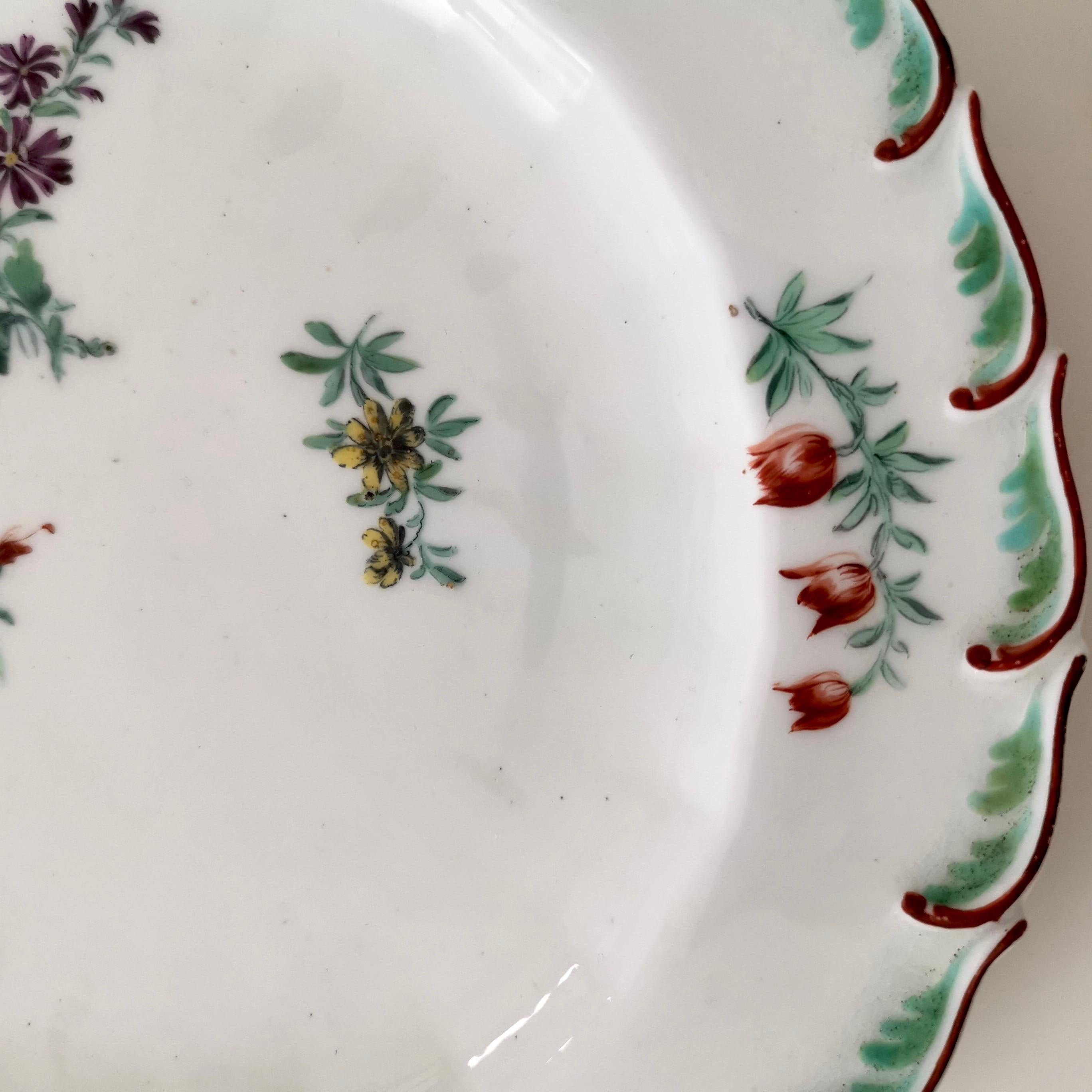 George II Chelsea Plate, Feather Moulded with Flowers, Red Anchor Mark, ca 1755 For Sale