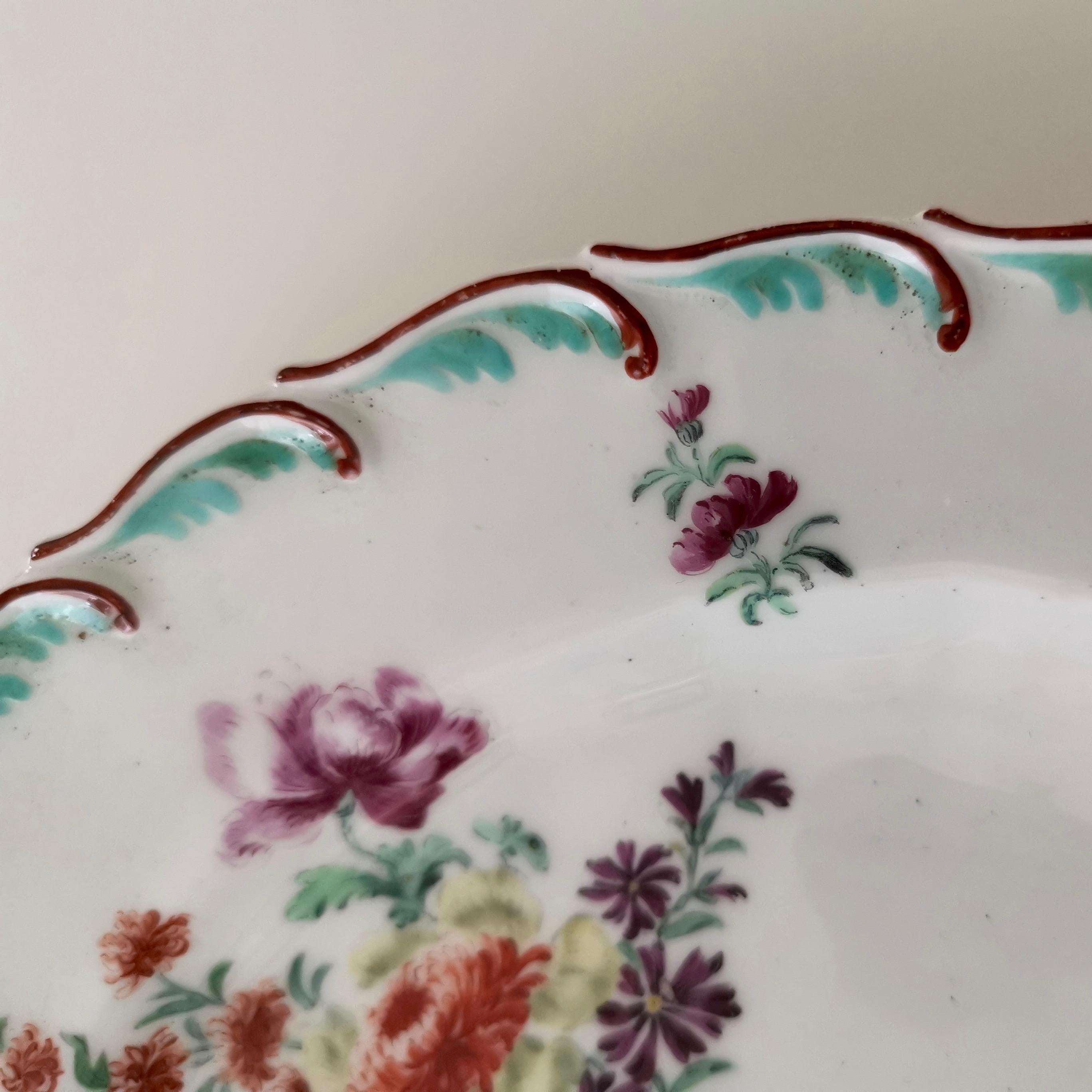 English Chelsea Plate, Feather Moulded with Flowers, Red Anchor Mark, ca 1755 For Sale