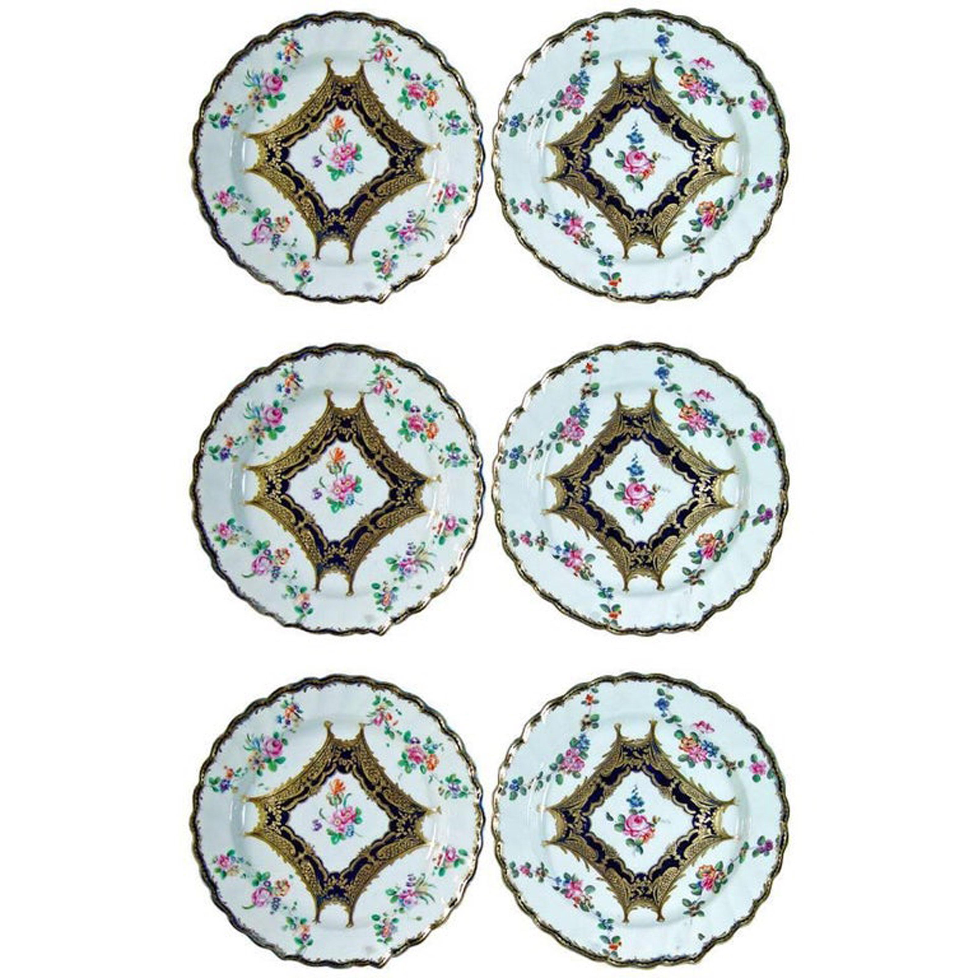 English Chelsea Porcelain Set of Six Botanical Dessert Plates, 18th Century For Sale