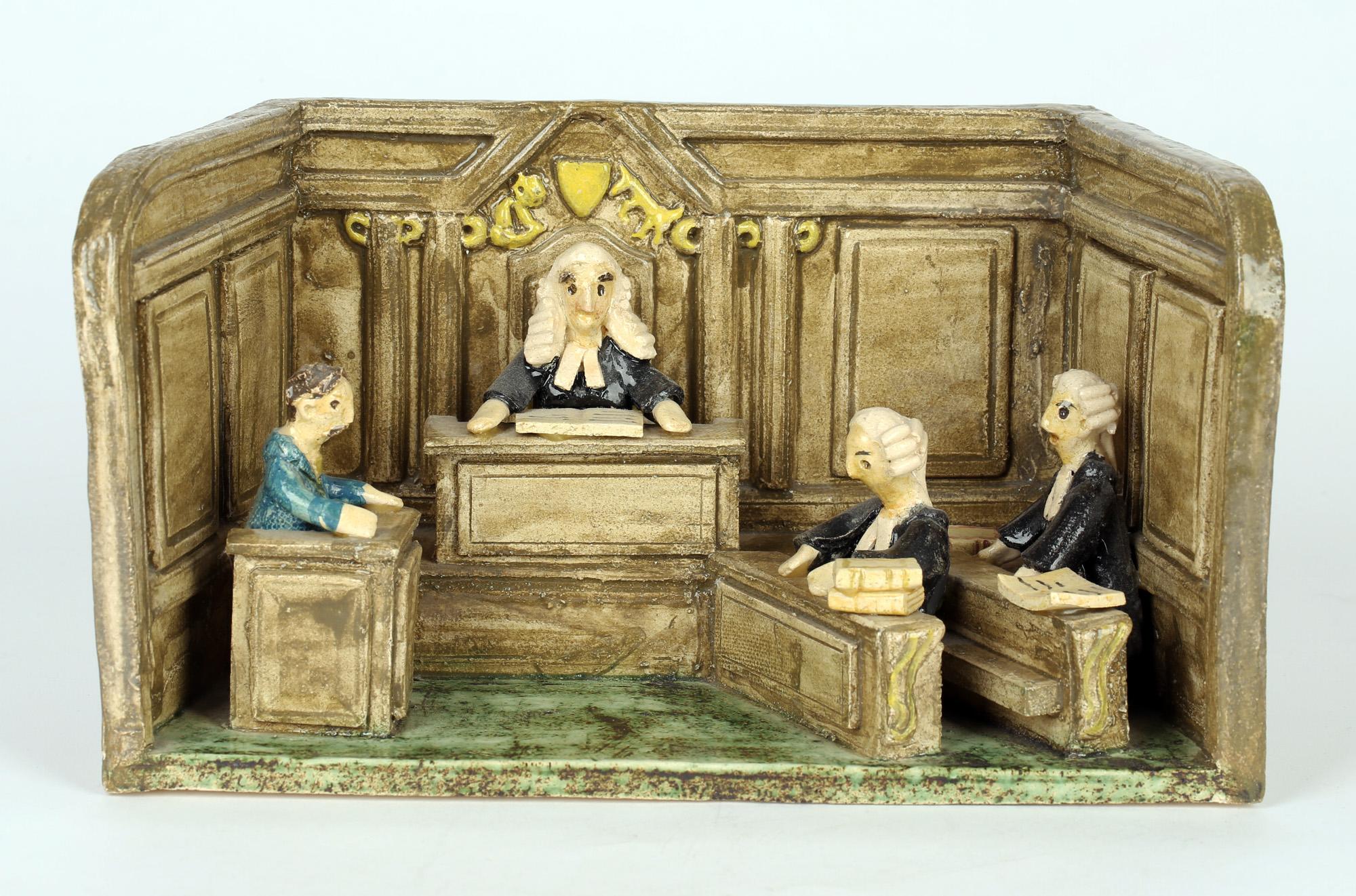 Chelsea Pottery Studio Pottery Figural Courtroom Scene In Good Condition For Sale In Bishop's Stortford, Hertfordshire
