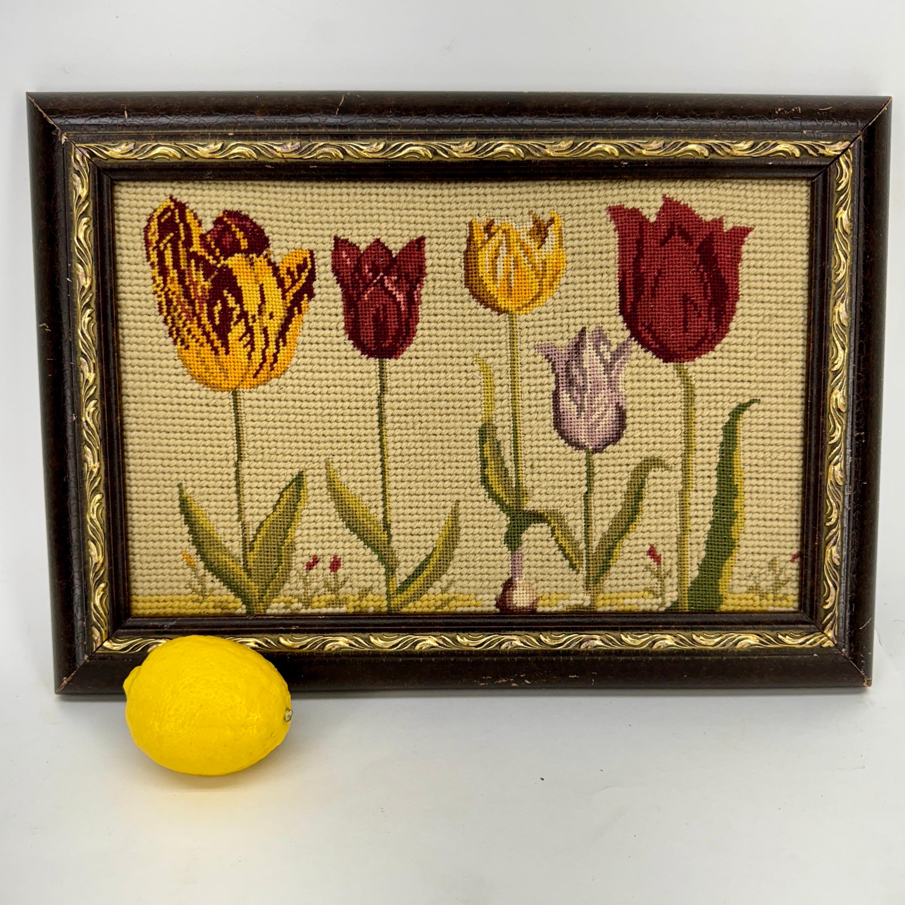 Folk Art Chelsea Textiles Original Needlepoint Tulip Artwork In Red White and Yellow For Sale