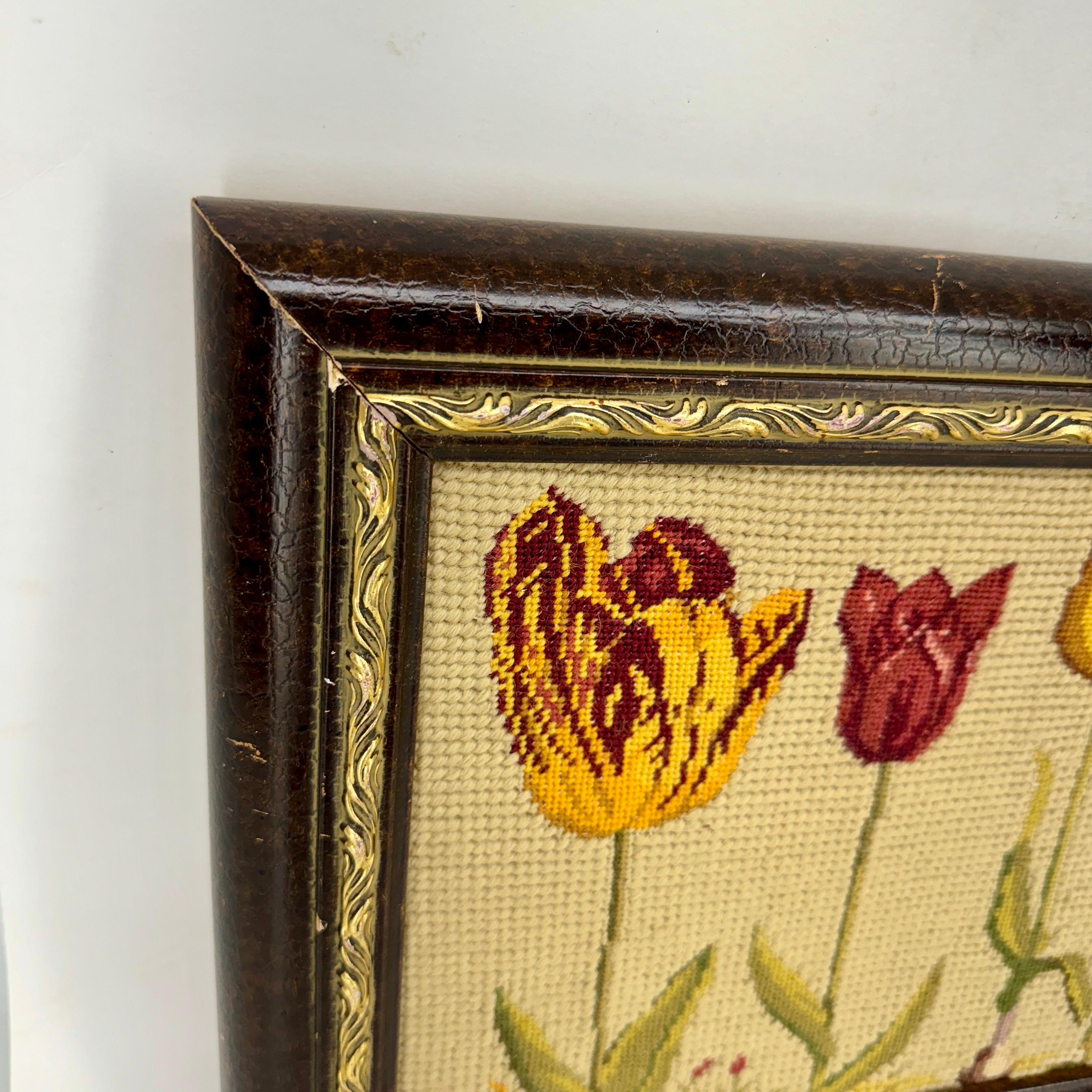 English Chelsea Textiles Original Needlepoint Tulip Artwork In Red White and Yellow For Sale