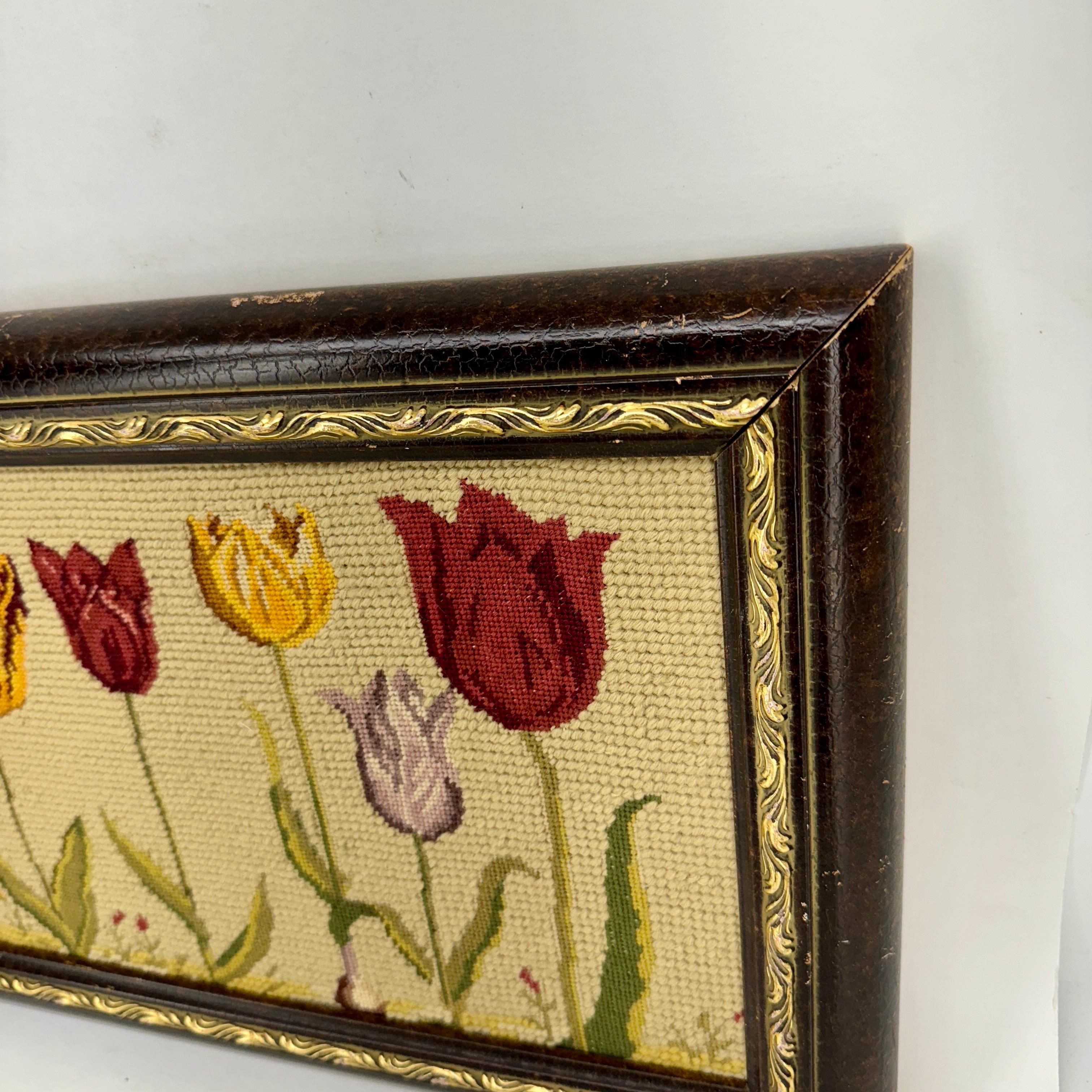Hand-Crafted Chelsea Textiles Original Needlepoint Tulip Artwork In Red White and Yellow For Sale