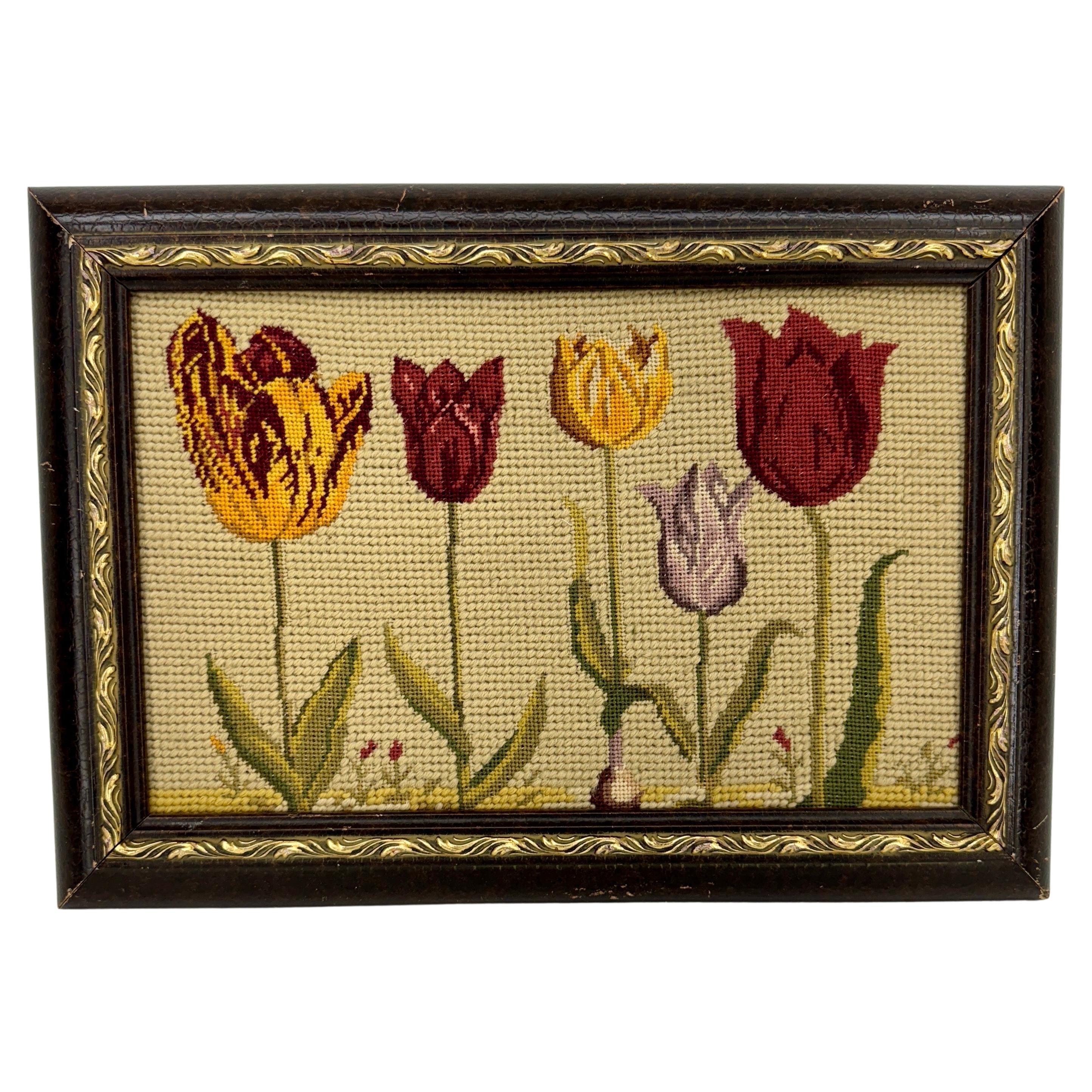 Chelsea Textiles Original Needlepoint Tulip Artwork In Red White and Yellow For Sale