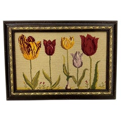 Vintage Chelsea Textiles Original Needlepoint Tulip Artwork In Red White and Yellow