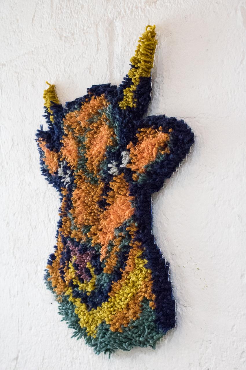 GOLD RING, GOLD CHAIN - Cross Stitch Embroidered Bull - Orange, Blue Yarn - Contemporary Mixed Media Art by Chelsea Velaga