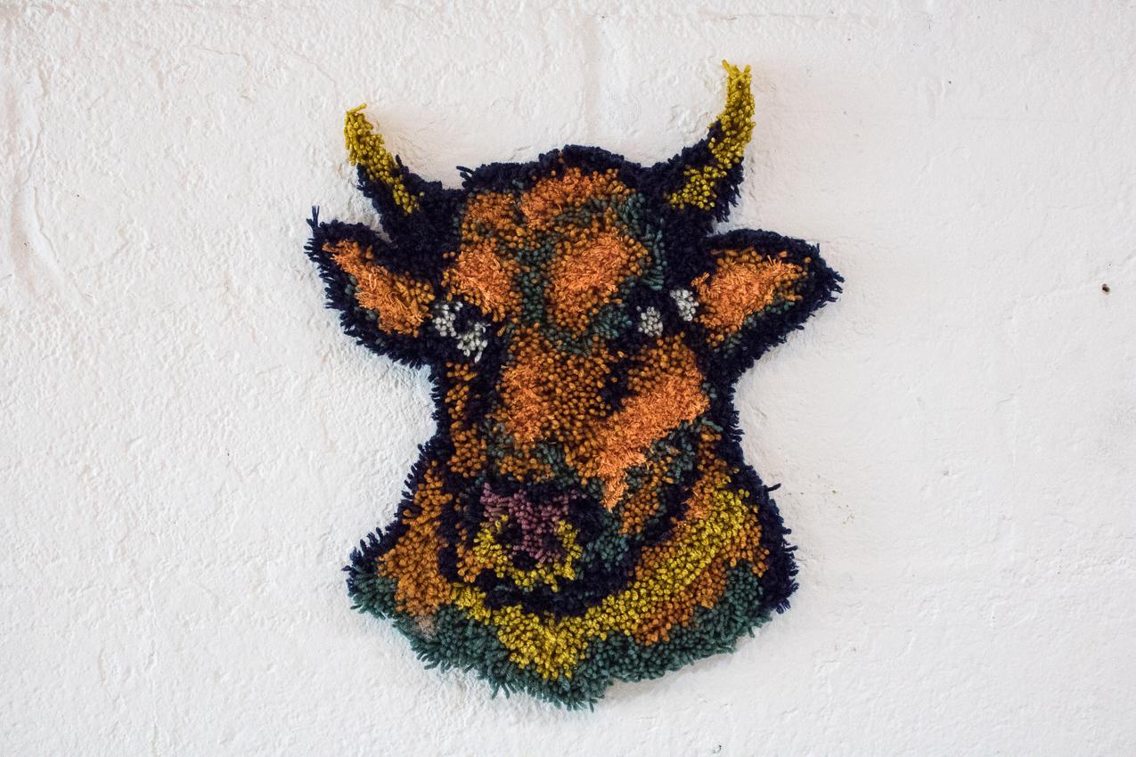GOLD RING, GOLD CHAIN - Cross Stitch Embroidered Bull - Orange, Blue Yarn - Mixed Media Art by Chelsea Velaga