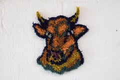 GOLD RING, GOLD CHAIN - Cross Stitch Embroidered Bull - Orange, Blue Yarn