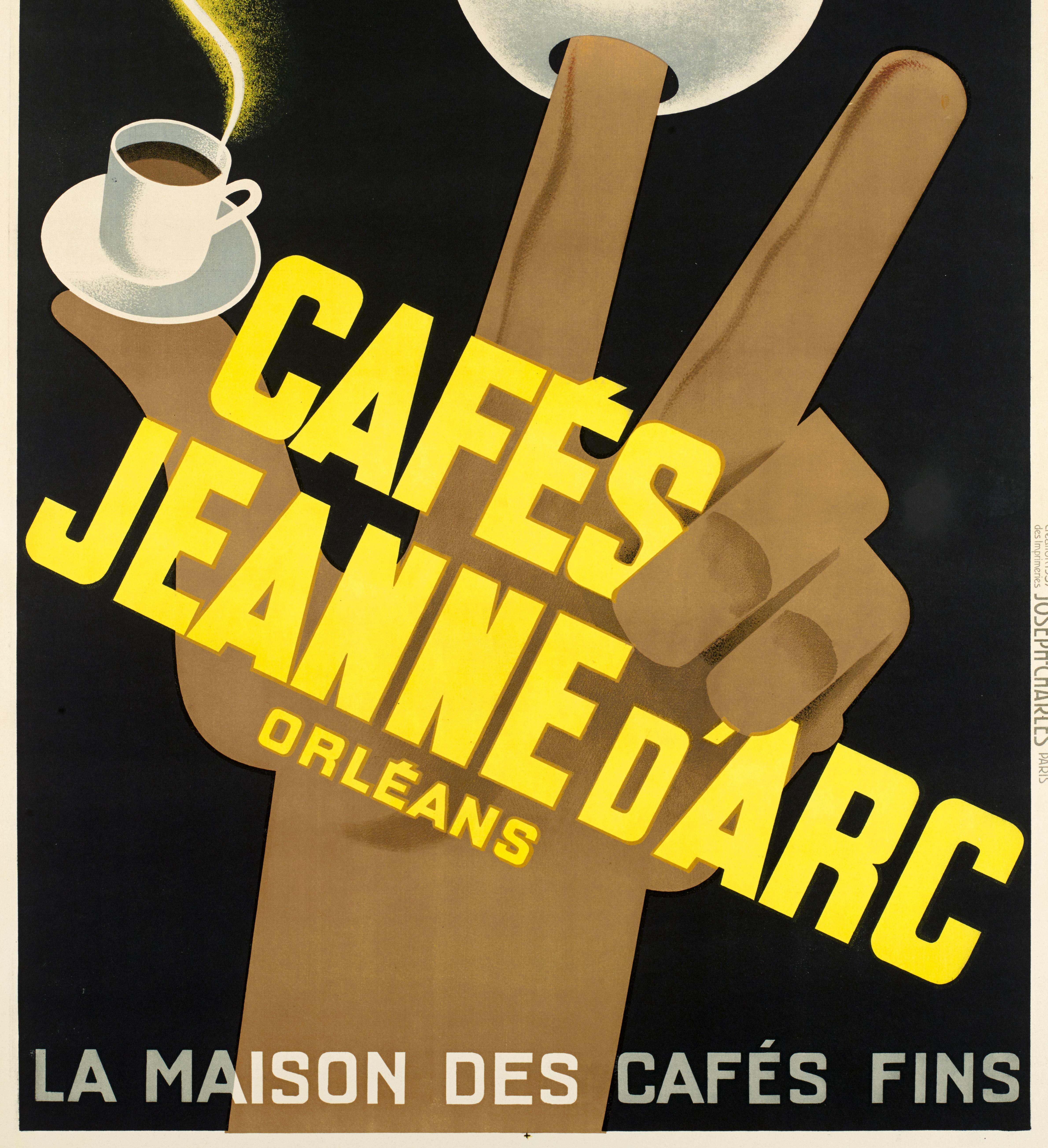 Mid-Century Modern Affiche vintage d'origine, Jeanne d'Arc Coffee, Roaster, Fez, Fingers, 1934 en vente