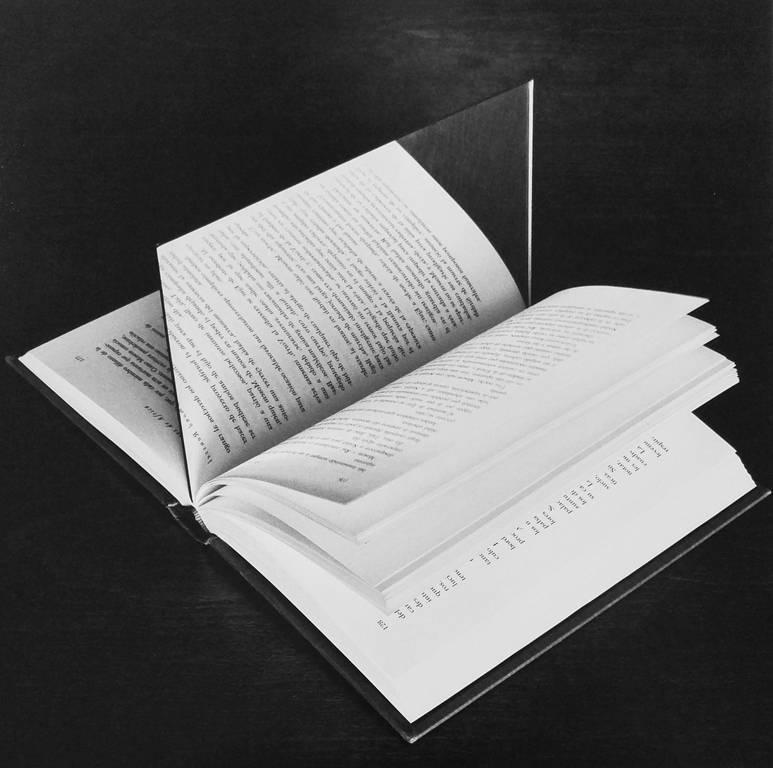 Libro / Espejo (Book/Mirror) by Chema Madoz depicts a open book lying on a wooden table. The pages are spread open, as if someone is flipping through them. A mirror is placed in the center of book, mimicking the book pages as it reflects the nearest