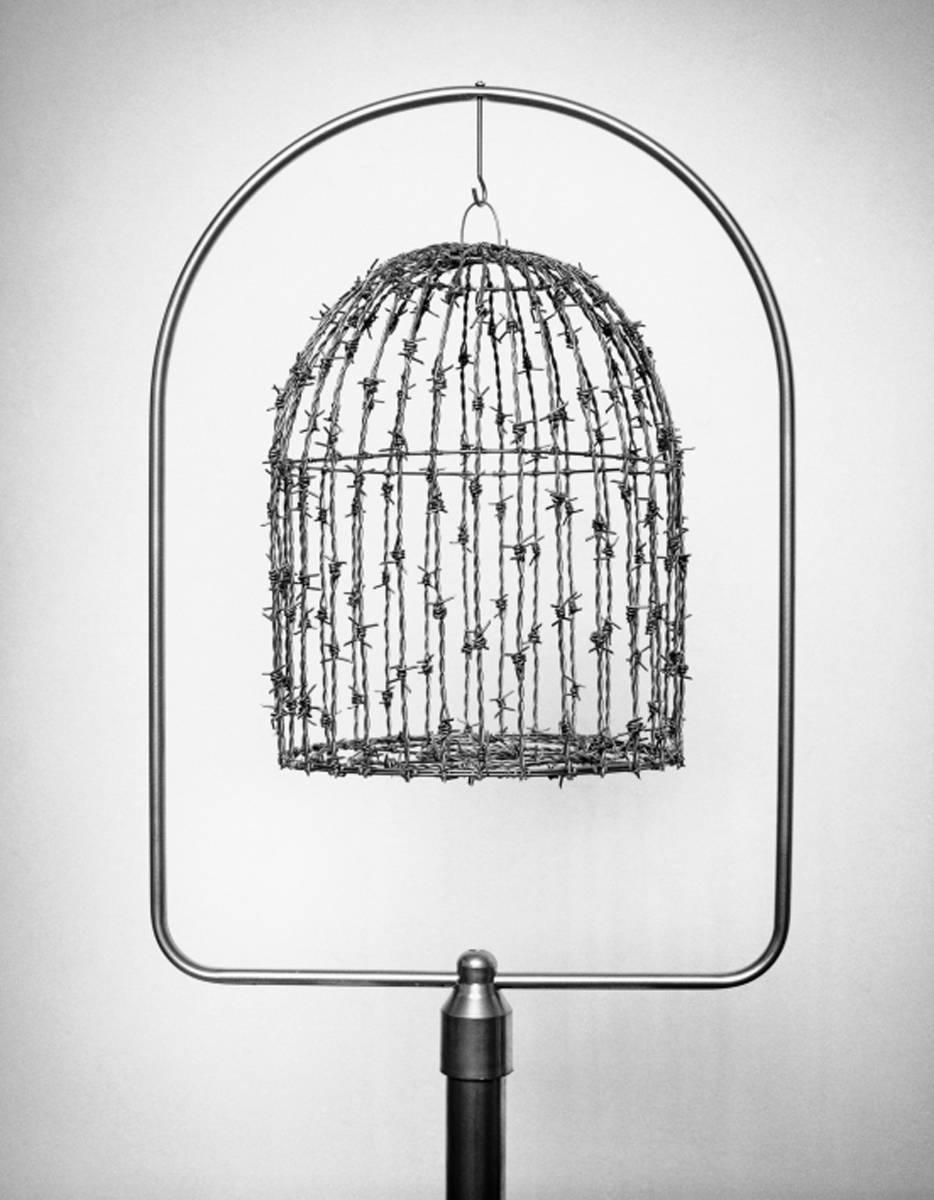 Untitled (Barbed Wire Bird Cage) von Chema Madoz zeigt ein surreales Stillleben. Ein leerer Vogelkäfig wird vor einem leeren Hintergrund gezeigt. Bei näherem Hinsehen besteht der Käfig aus Stacheldraht. So entsteht das Paradoxon, dass etwas, das zur