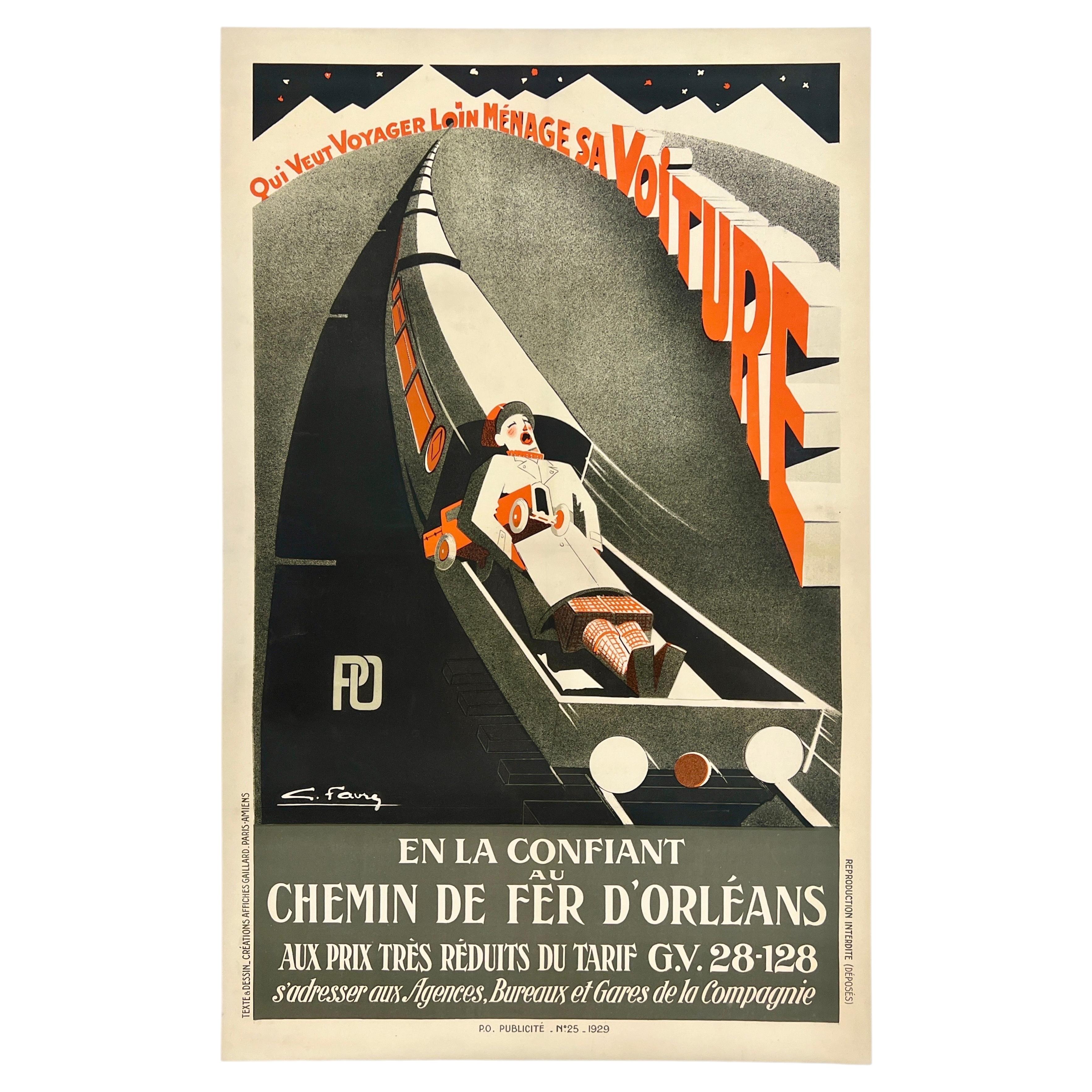 CHEMIN DE FER D'ORLÉANS : Affiche de voyage ferroviaire française d'époque, originale et vintage, 1929