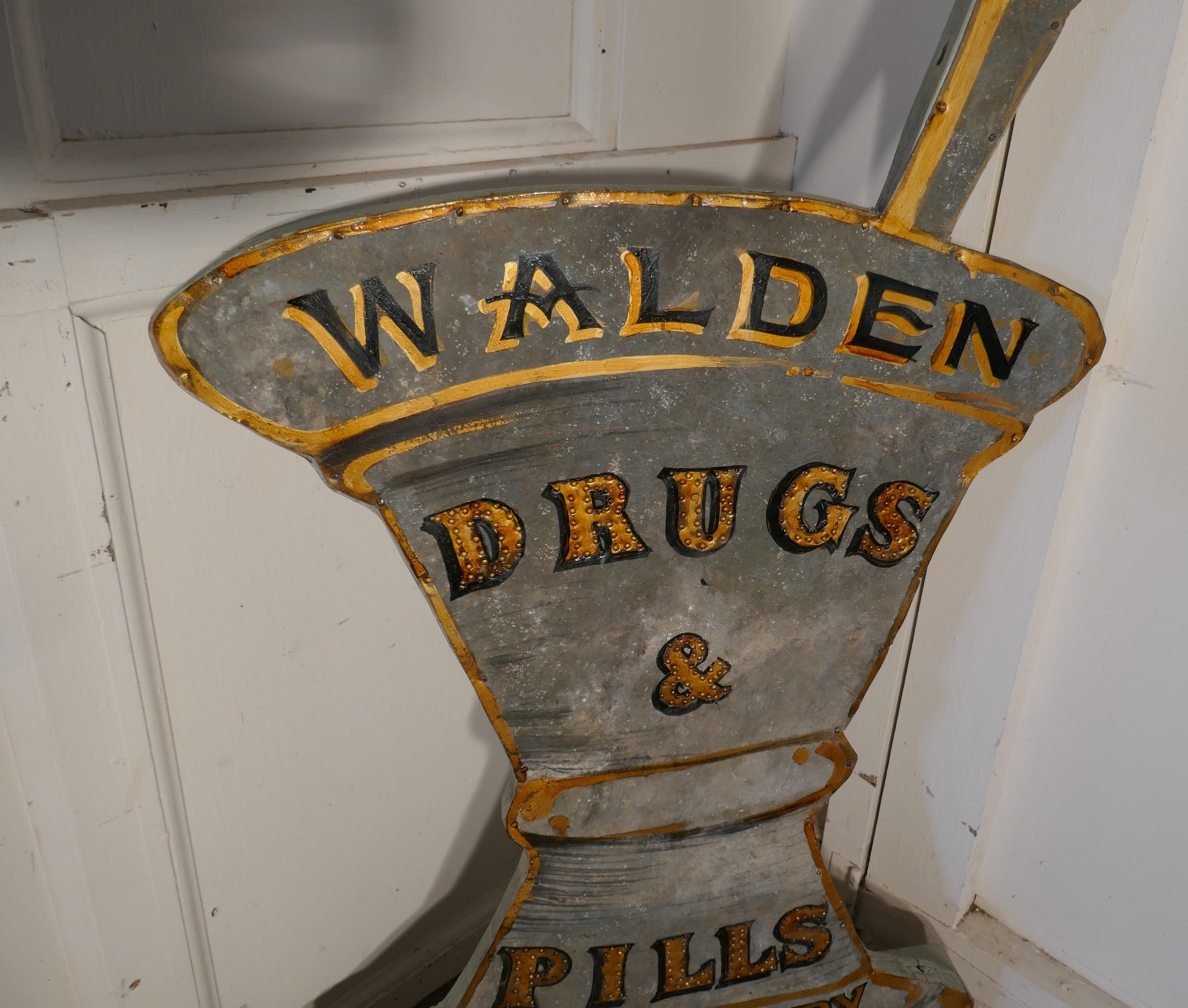 Chemist shop advertising trade sign.

A great piece, a large wooden advertising “Wall” sign, the sign is original, with studded lettering on the words “Drugs” and “Pills”, this is an original piece and in good condition. The sign is in the shape
