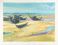 Chen Shen Landscape Original Oil On Canvas "Boats by the Shore"