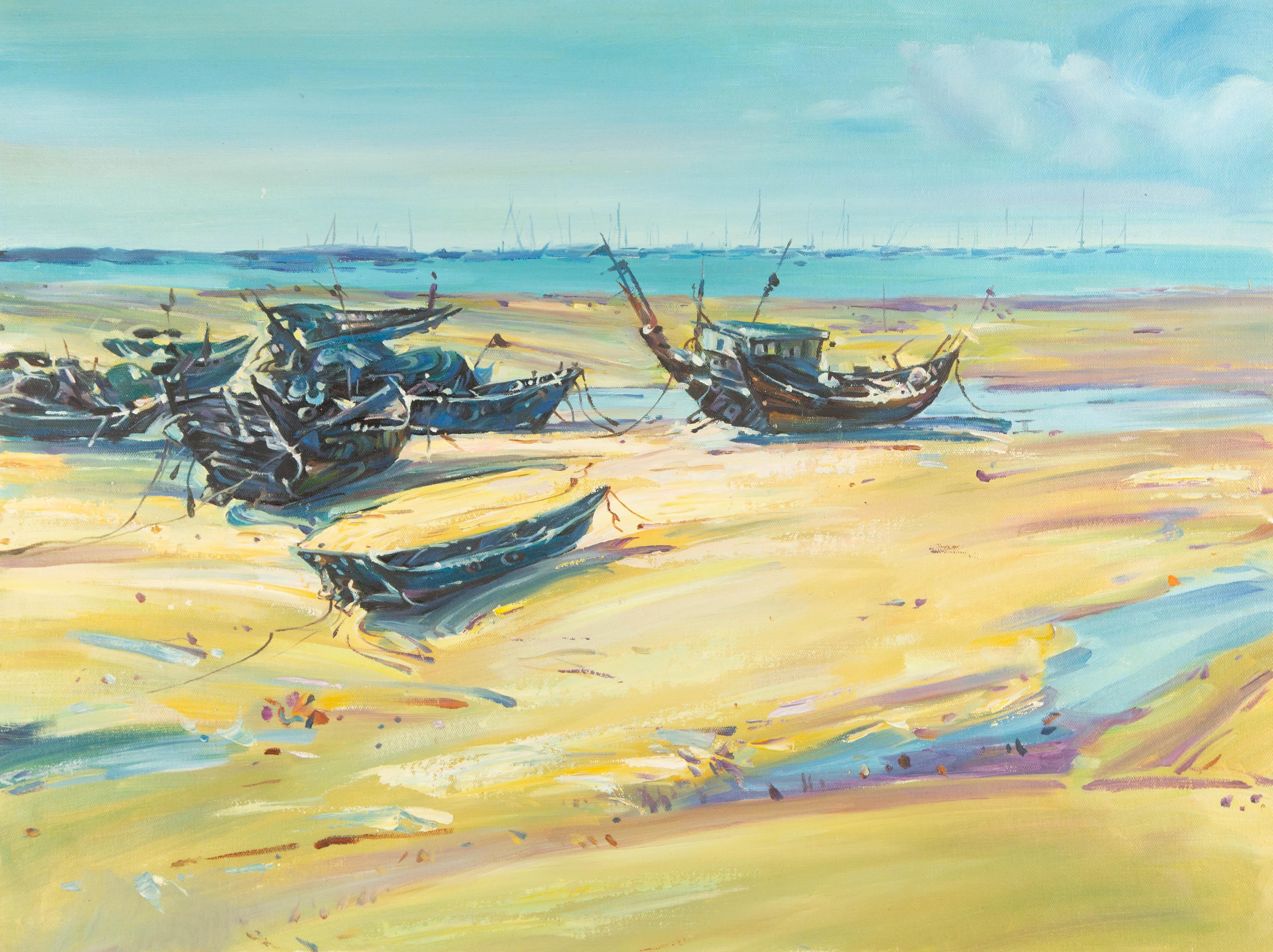 Chen Shen Landscape Original Oil On Canvas "Boats by the Shore"