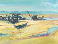 Chen Shen Landscape Original Oil On Canvas "Boats by the Shore"