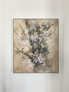 « Awakening II » de Chen Yi Ching - peinture japonaise, fleurs, oiseau, tons ocres