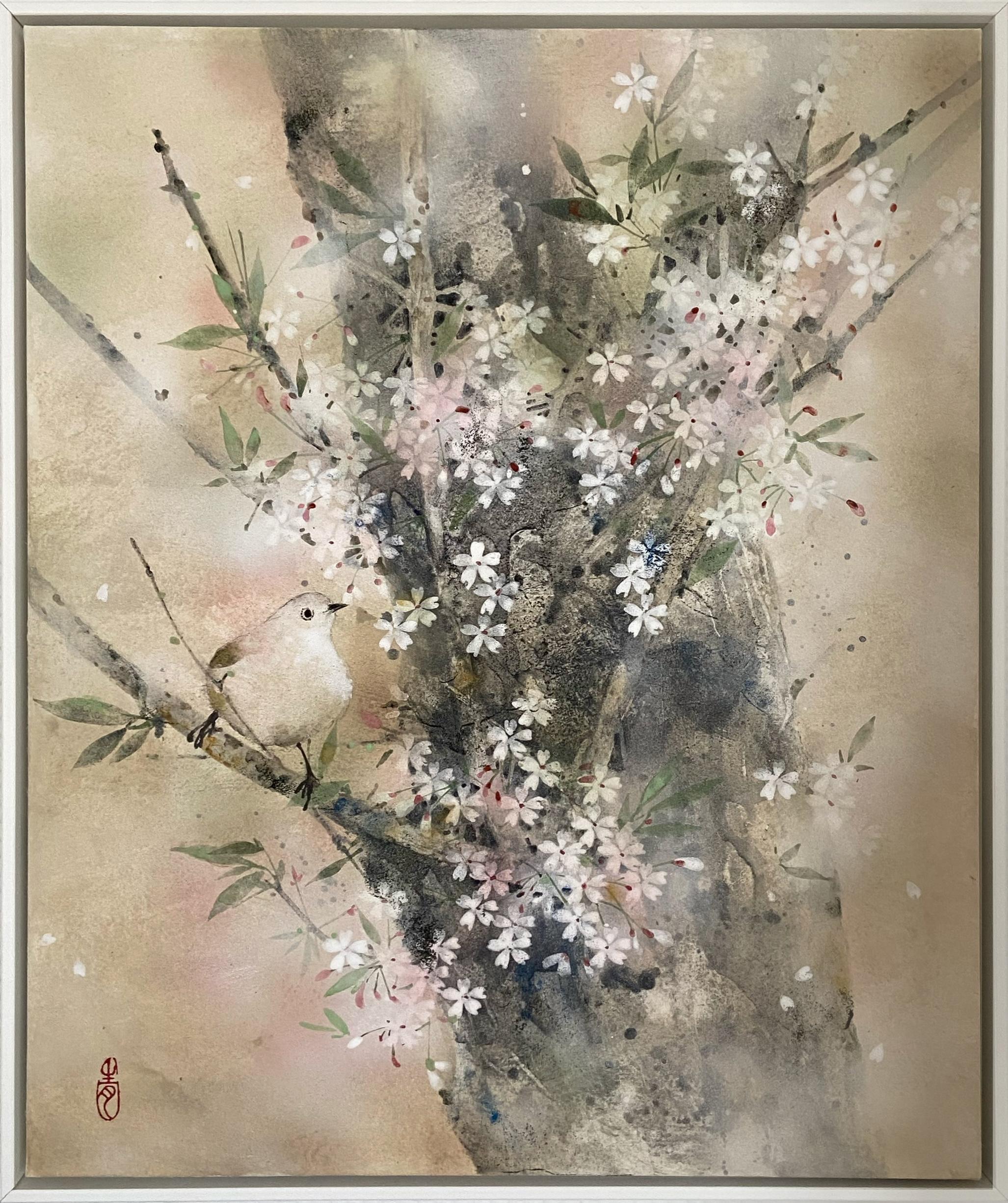 Awakening II  is a painting by Taïwanese artist Chen Yi Ching created with mineral pigments on Japanese paper mounted on wood.
The painting is sold framed (white shadow box). The dimensions of the framed artwork are 49 x 41 cm.
The artist gets all