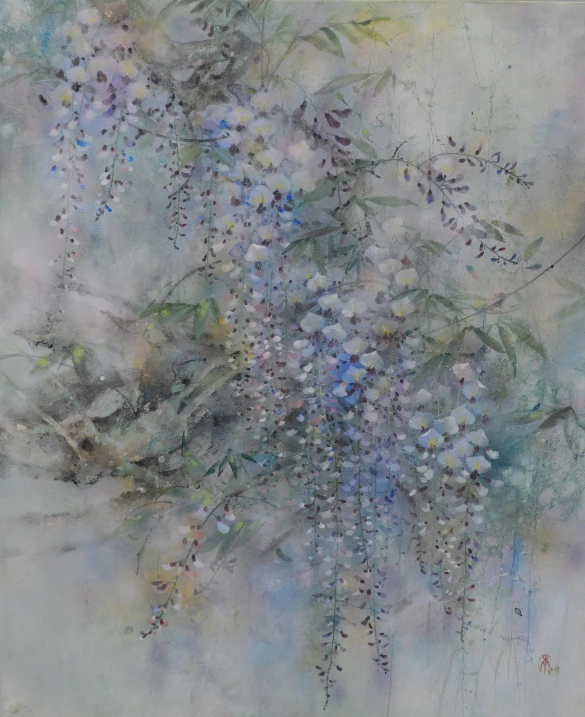 „Bellflowers“ ist ein einzigartiges Gemälde der zeitgenössischen Künstlerin Chen Yi Ching. Das Gemälde ist mit Mineralpigmenten gemalt, Japanpapier auf Holz aufgezogen und misst 61 × 50 cm. Die Abmessungen des gerahmten (weiß gerahmten) Kunstwerks