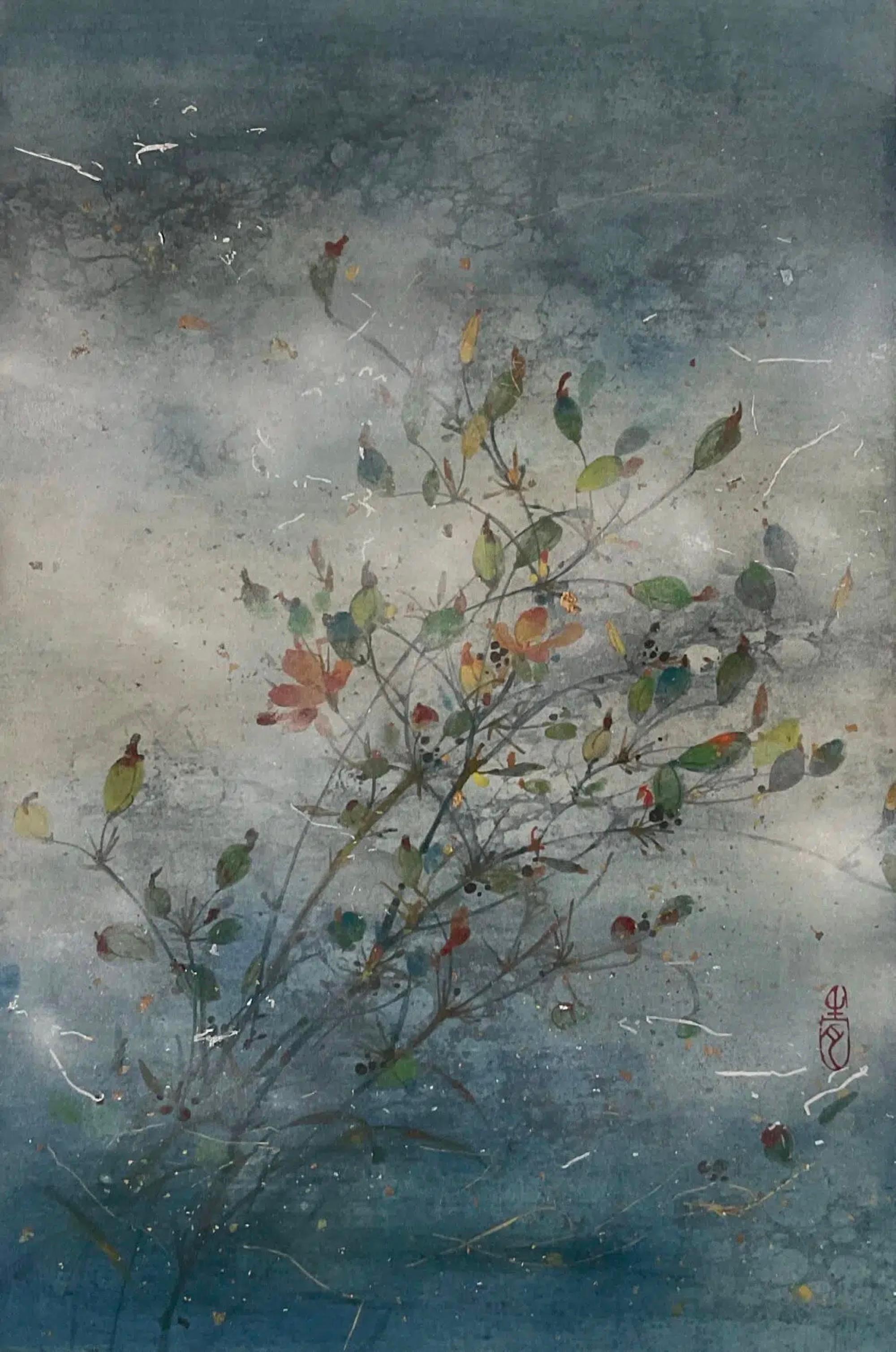Breeze II by Chen Yi Ching - Contemporary Nihonga Painting, Flowers, Blue