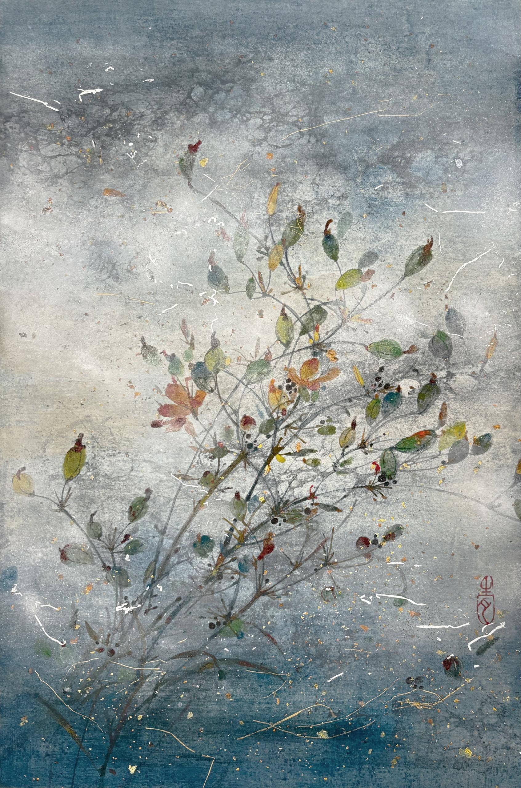 Breeze II by Chen Yi Ching - Contemporary Nihonga Painting, Flowers, Blue