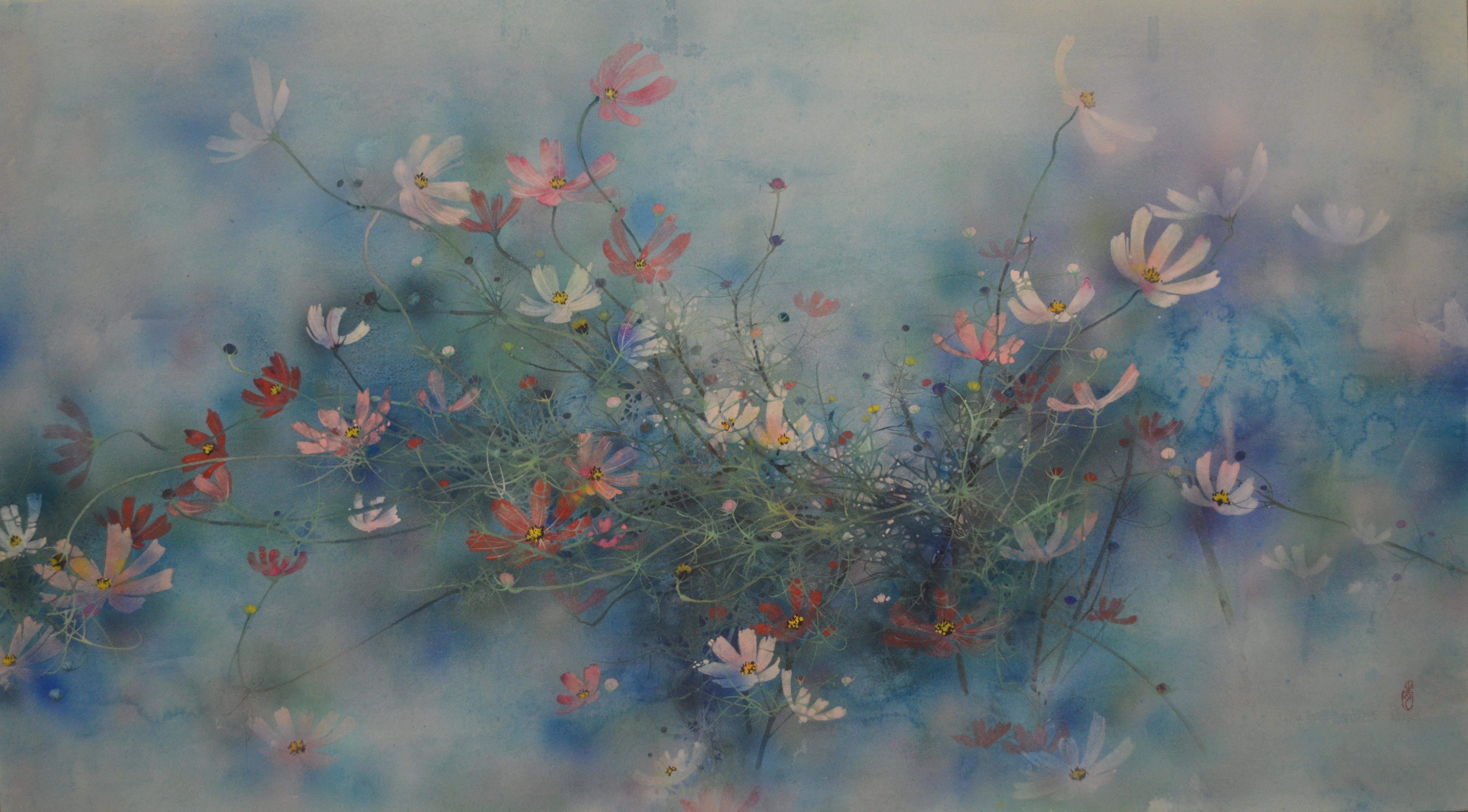 Cosmos II - dipinto su carta Nihonga di Chen Yi Ching raffigurante i fiori di Cosmos