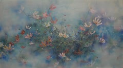Cosmos II - dipinto su carta Nihonga di Chen Yi Ching raffigurante i fiori di Cosmos