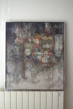 Late Night Snow, Contemporary Nihonga Painting, Japanese Cityscape in Snowstorm