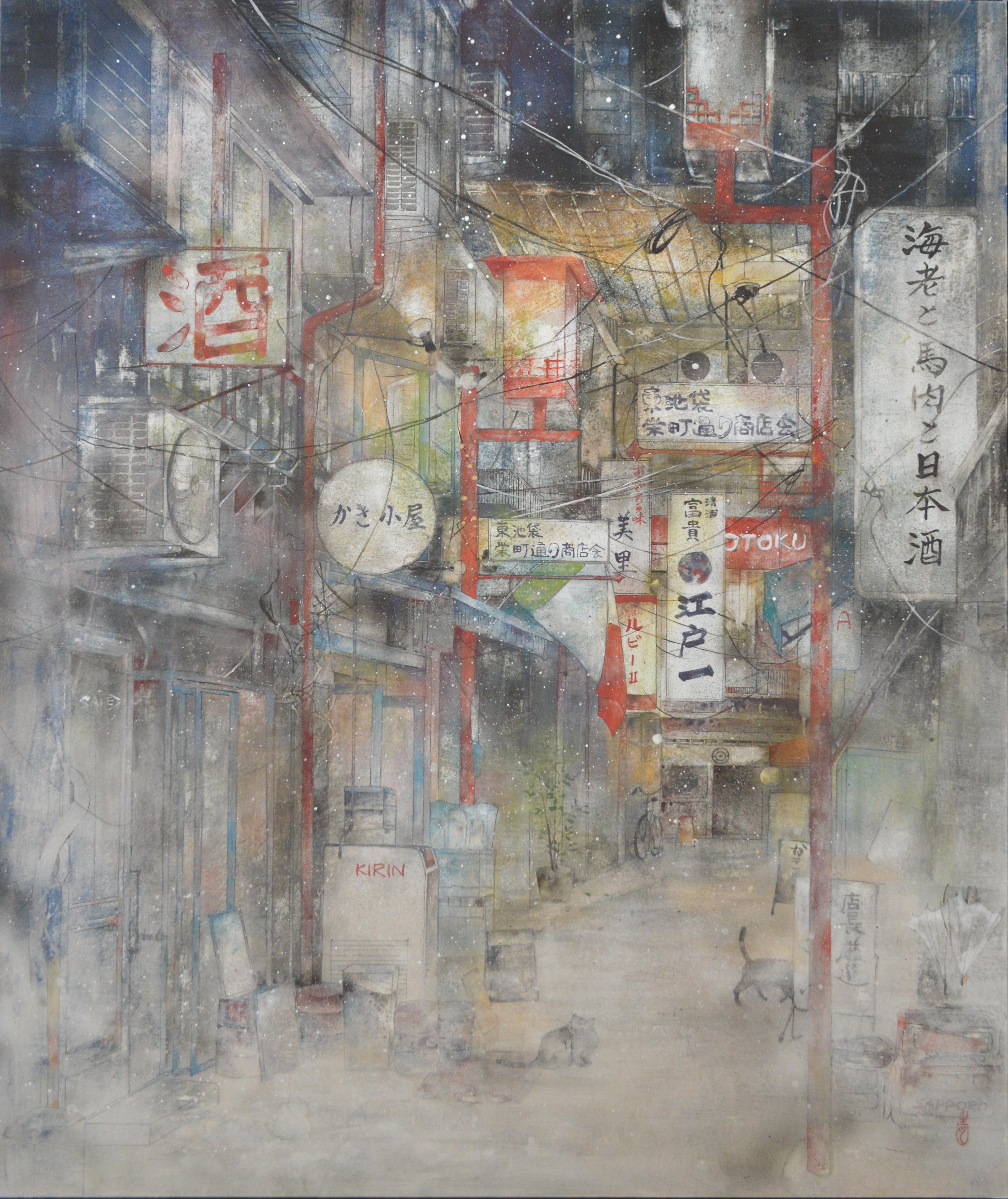 Late Night Snow, Contemporary Nihonga Painting, Japanese Cityscape in Snowstorm