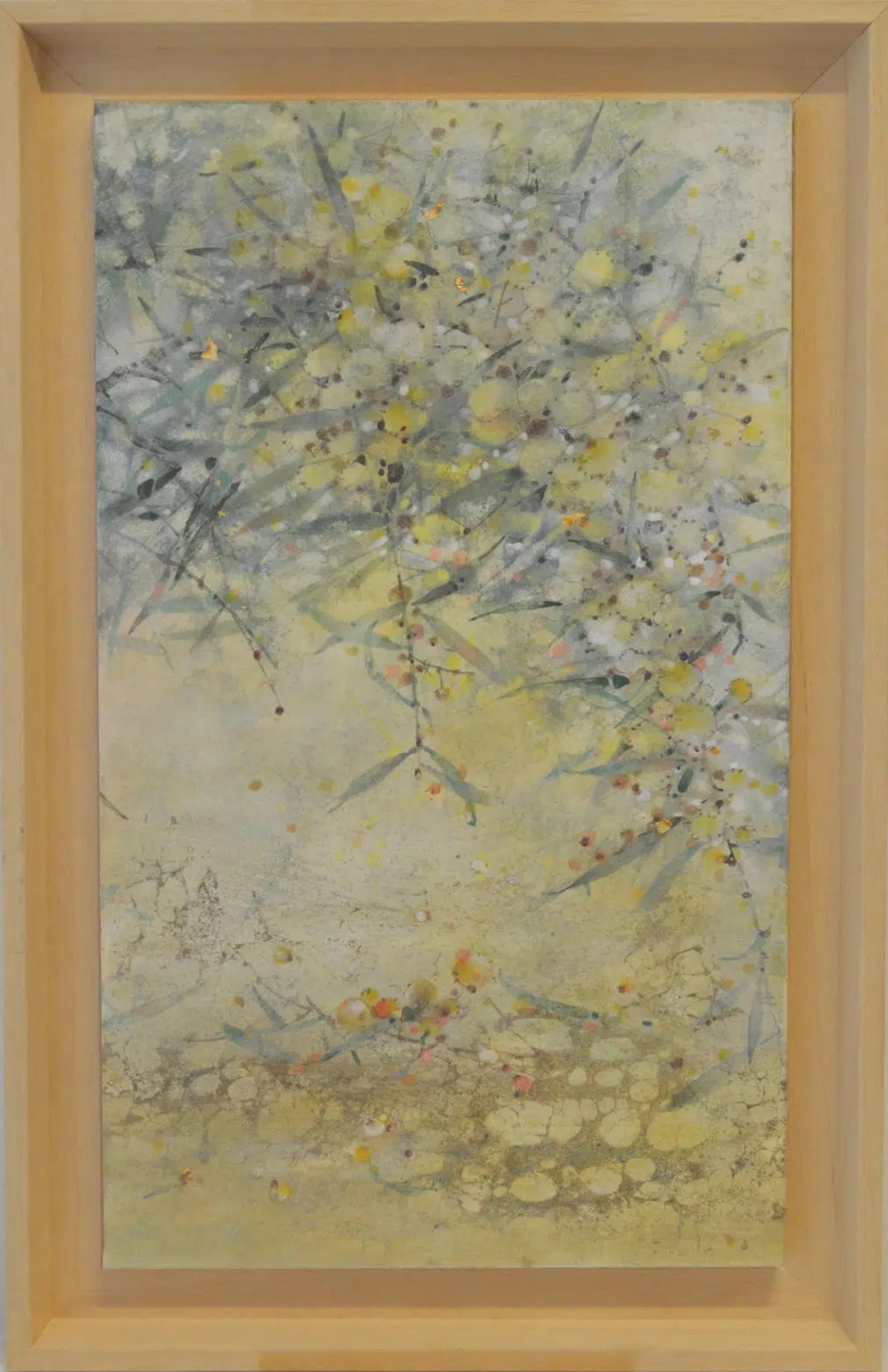 Mimosa II is a unique painting by contemporary artist Chen Yi Ching. The painting is made with mineral pigments, silver leaves on Japanese paper mounted on wood, dimensions are 41 × 24.3 cm (16.1 × 9.6 in). Dimensions of the framed artwork are 48,1