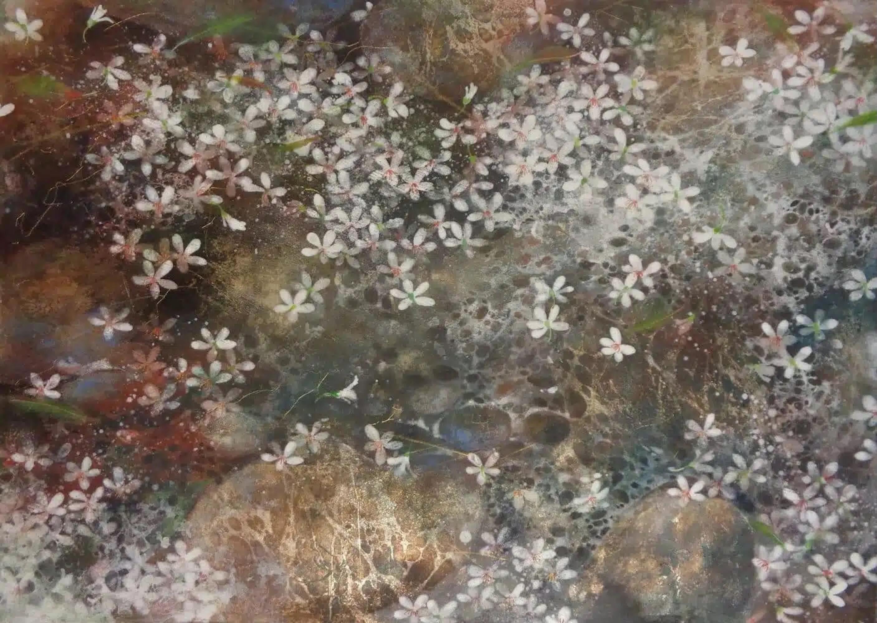 Snow of May II (2016) is a painting by contemporary Taiwanese artist Chen Yi Ching. 
Mineral pigments and silver leaves on japanese paper mounted on wood. 50 cm × 70 cm. Sold unframed.
As a specialist of Nihonga (traditional Japanese painting), the