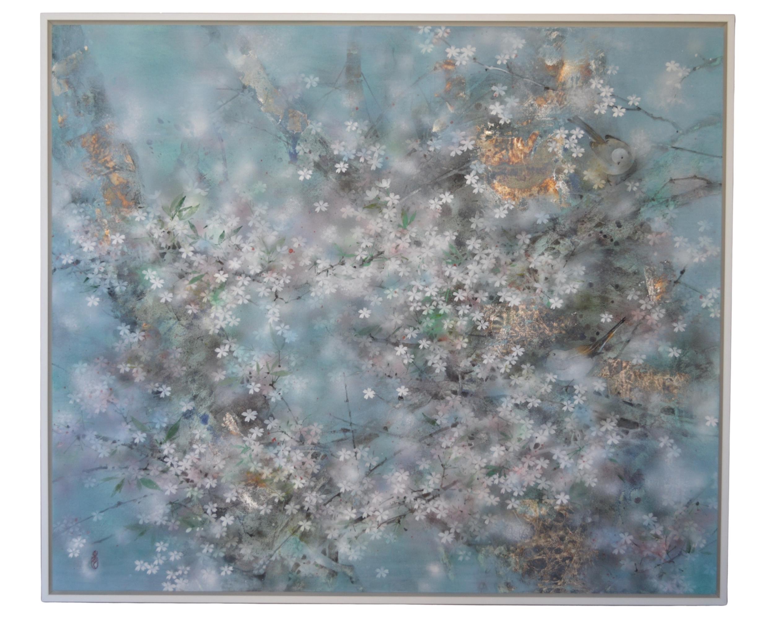 Spring breeze is a painting by contemporary Taiwanese artist Chen Yi Ching. This contemporary painting evokes a delicate blossom, in which a multitude of cherry flowers unfurl in a soft light tinged with shades of blue, creating a poetic and