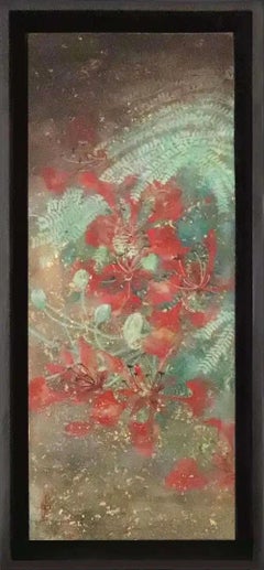 « Summer II » de Chen Yi Ching – Peinture contemporaine de style Nihonga, Fleurs rouges