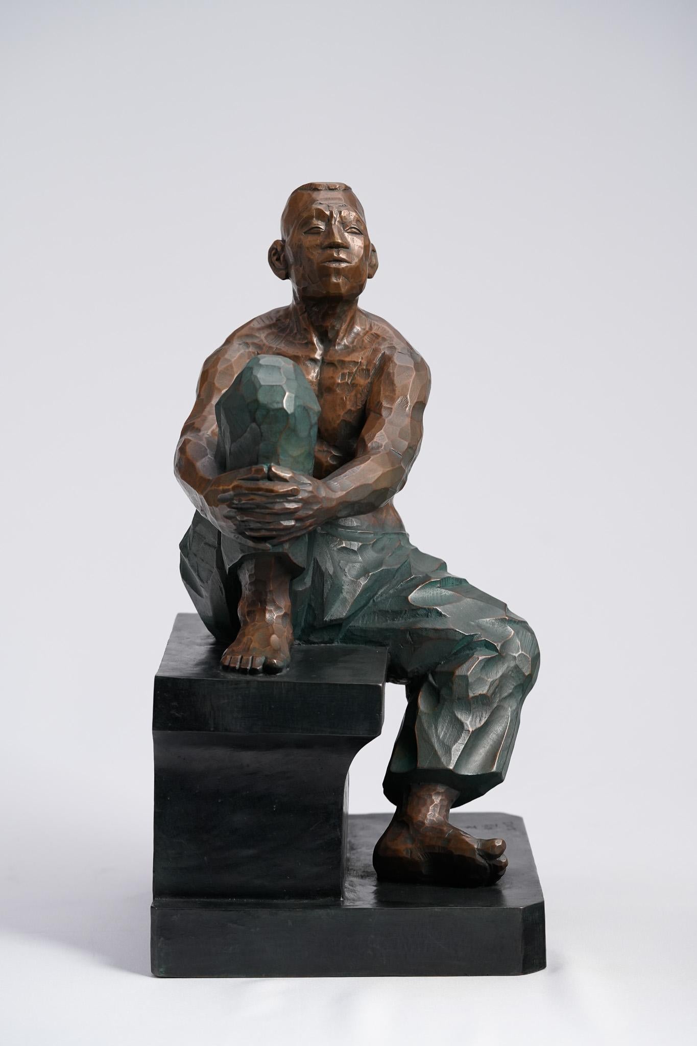 Awaiting, Contemporary Bronze Figure Sculpture - Gold Figurative Sculpture by Cheng-Hsiung Chen