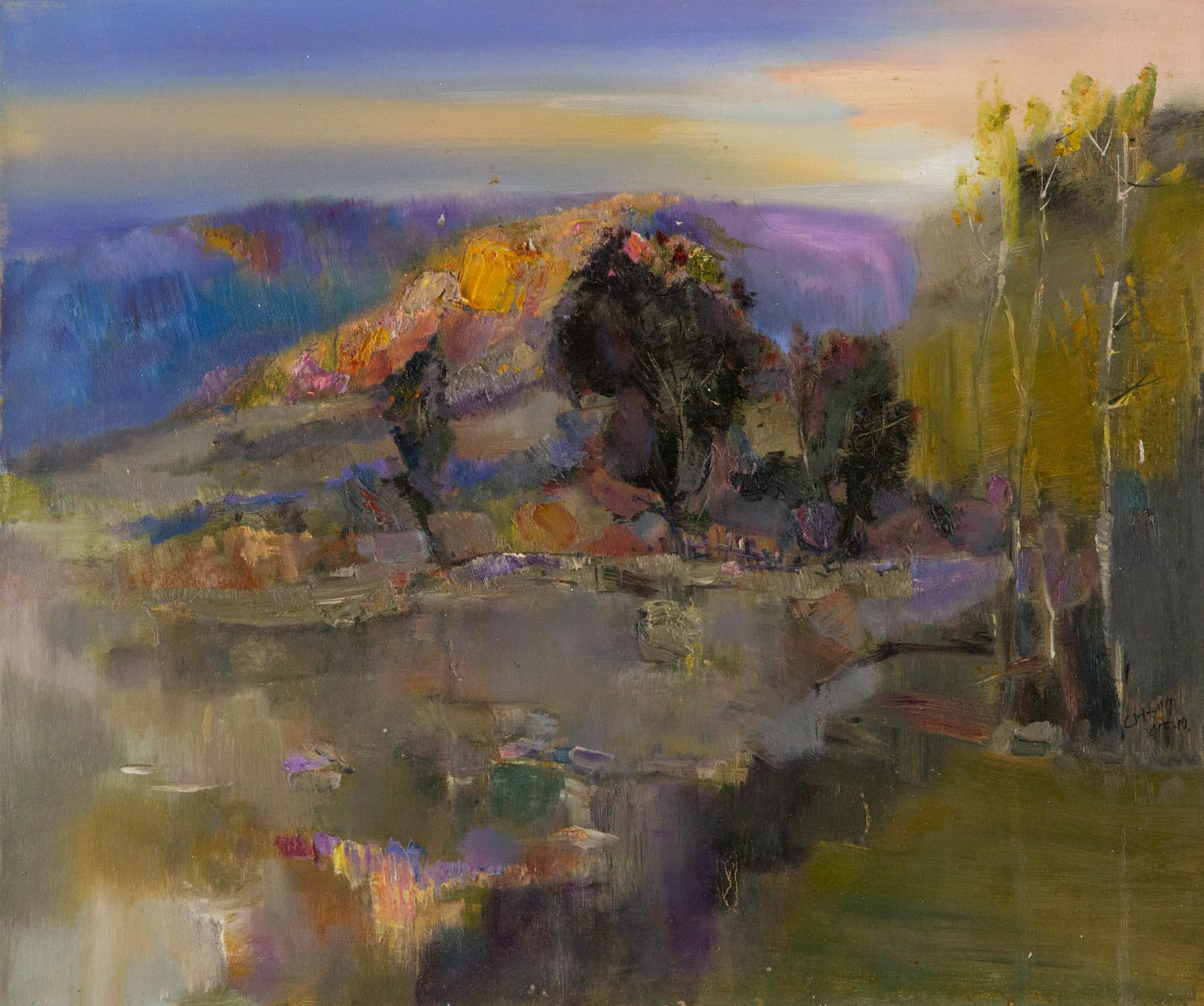 Cheng Wang Landscape Original Oil On Canvas "Setting Sun"
