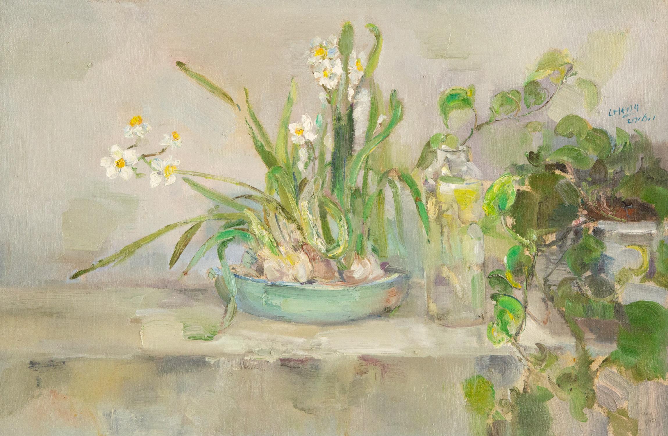 Title: Daffodils
Medium: Oil on canvas
Size: 15.5 x 23 inches
Frame: Framing options available!
Condition: The painting appears to be in excellent condition.
Note: This painting is unstretched
Year: 2016
Artist: Cheng Wang
Signature: