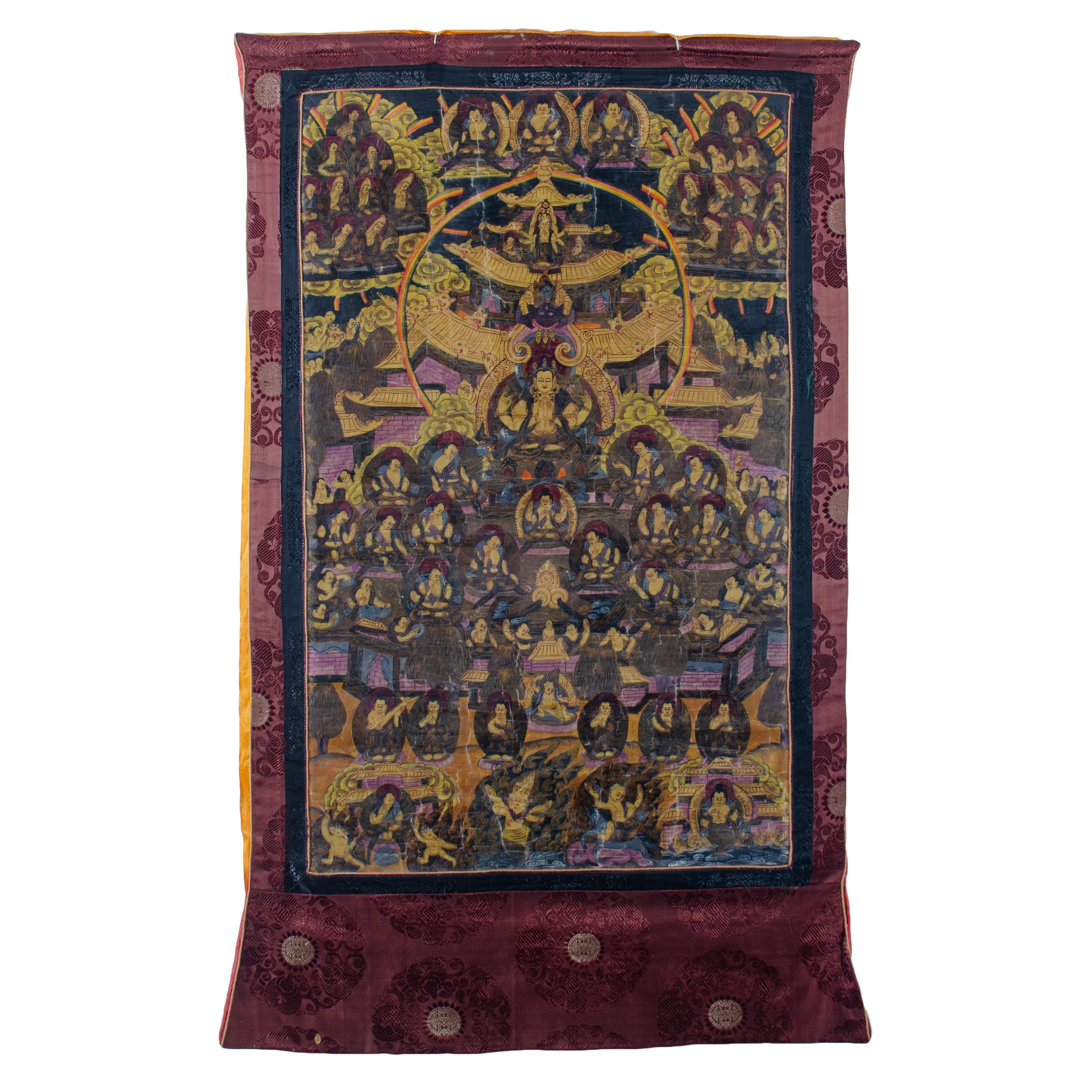 A silk painted Tibetan thangka depicting Chenrezig, early 20th century.

sight of painting: 19 by 30 ¾ inches

total dimensions: 24 by 40 ½ inches



