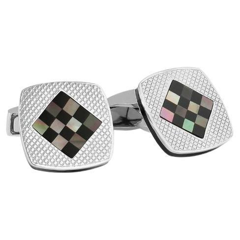 Chequer Cufflinks with Black Mother of Pearl and Onyx in Sterling Silver For Sale