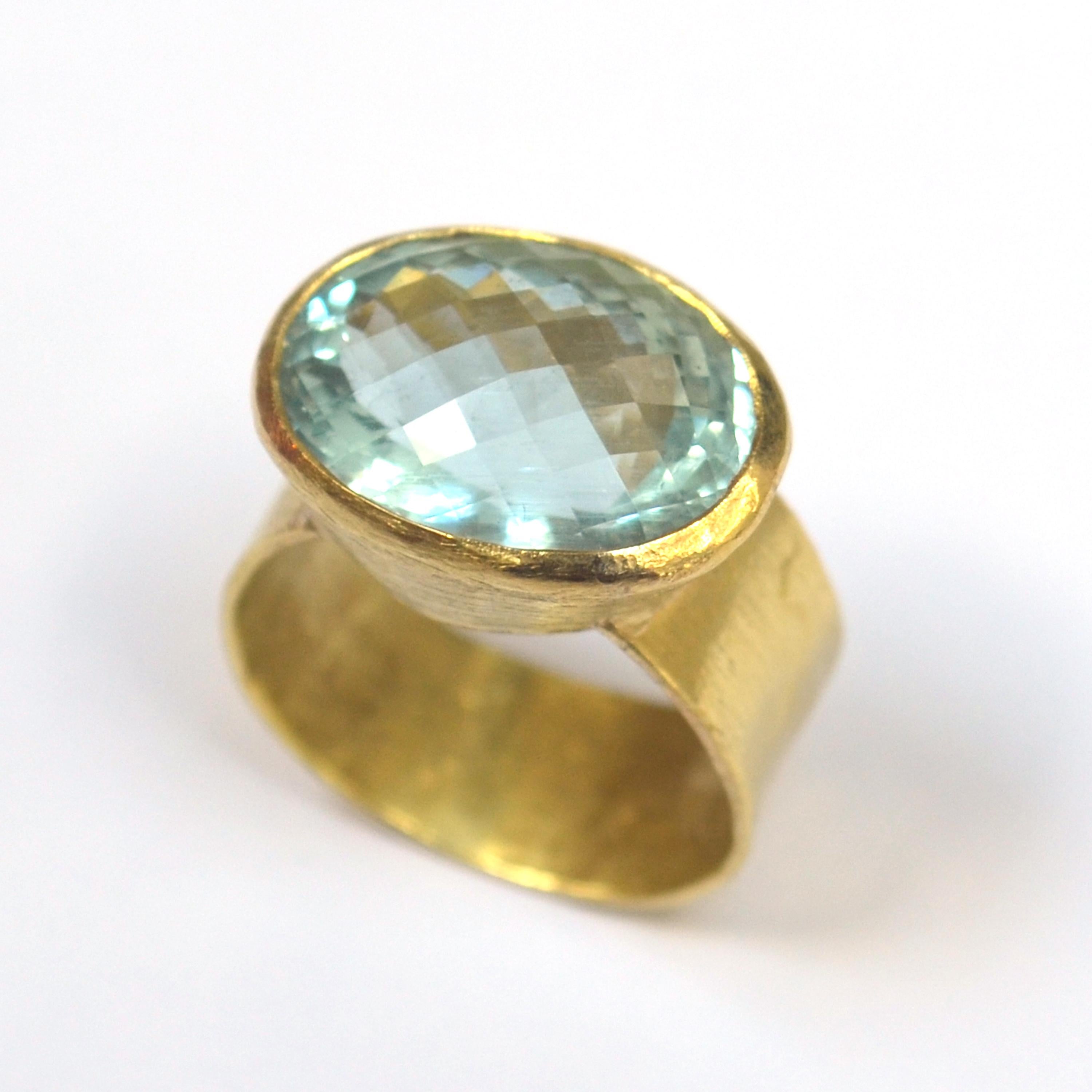 Contemporary Chequerboard Cut Aquamarine Wide 18k Gold Cocktail Ring Handmade by Disa Allsopp
