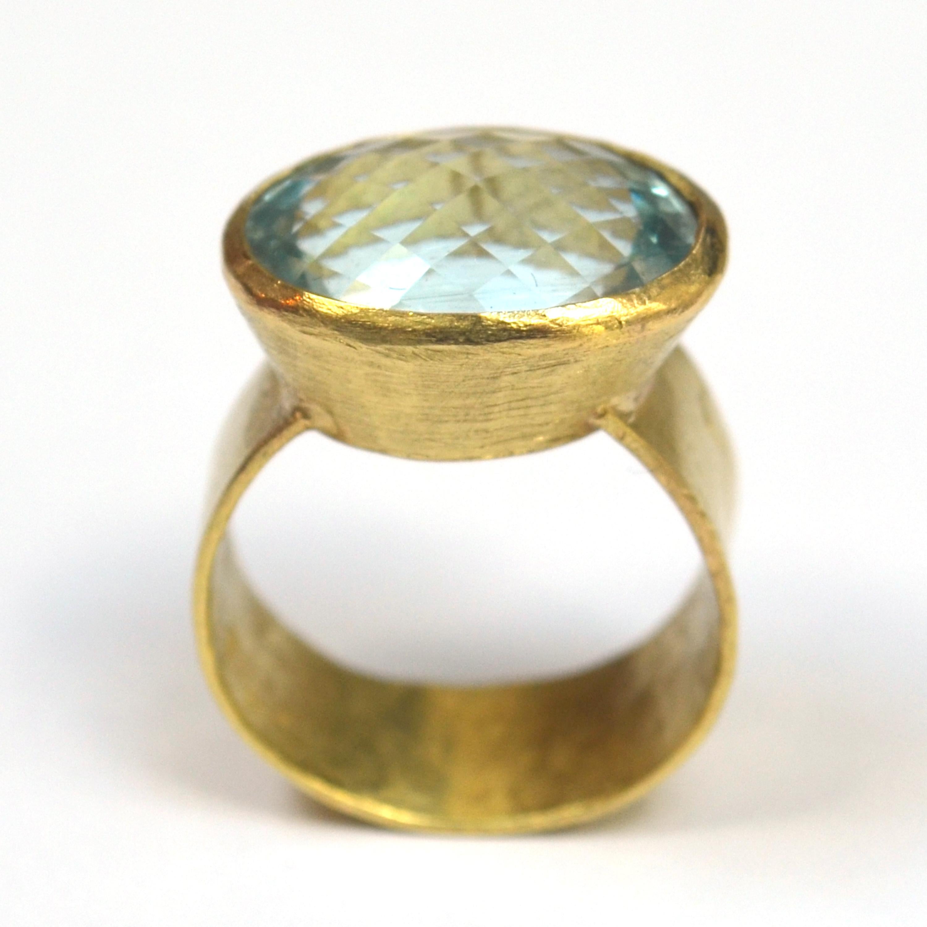 Oval Cut Chequerboard Cut Aquamarine Wide 18k Gold Cocktail Ring Handmade by Disa Allsopp