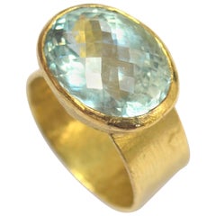 Chequerboard Cut Aquamarine Wide 18k Gold Cocktail Ring Handmade by Disa Allsopp