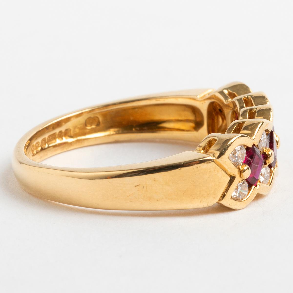 Our neo vintage chequerboard dress ring in yellow gold features foursquare cut rubies and ten round brilliant cut diamonds (est. .50carat) and would make a great addition to a modern jewellery collection. This ring is size o, and is hallmarked