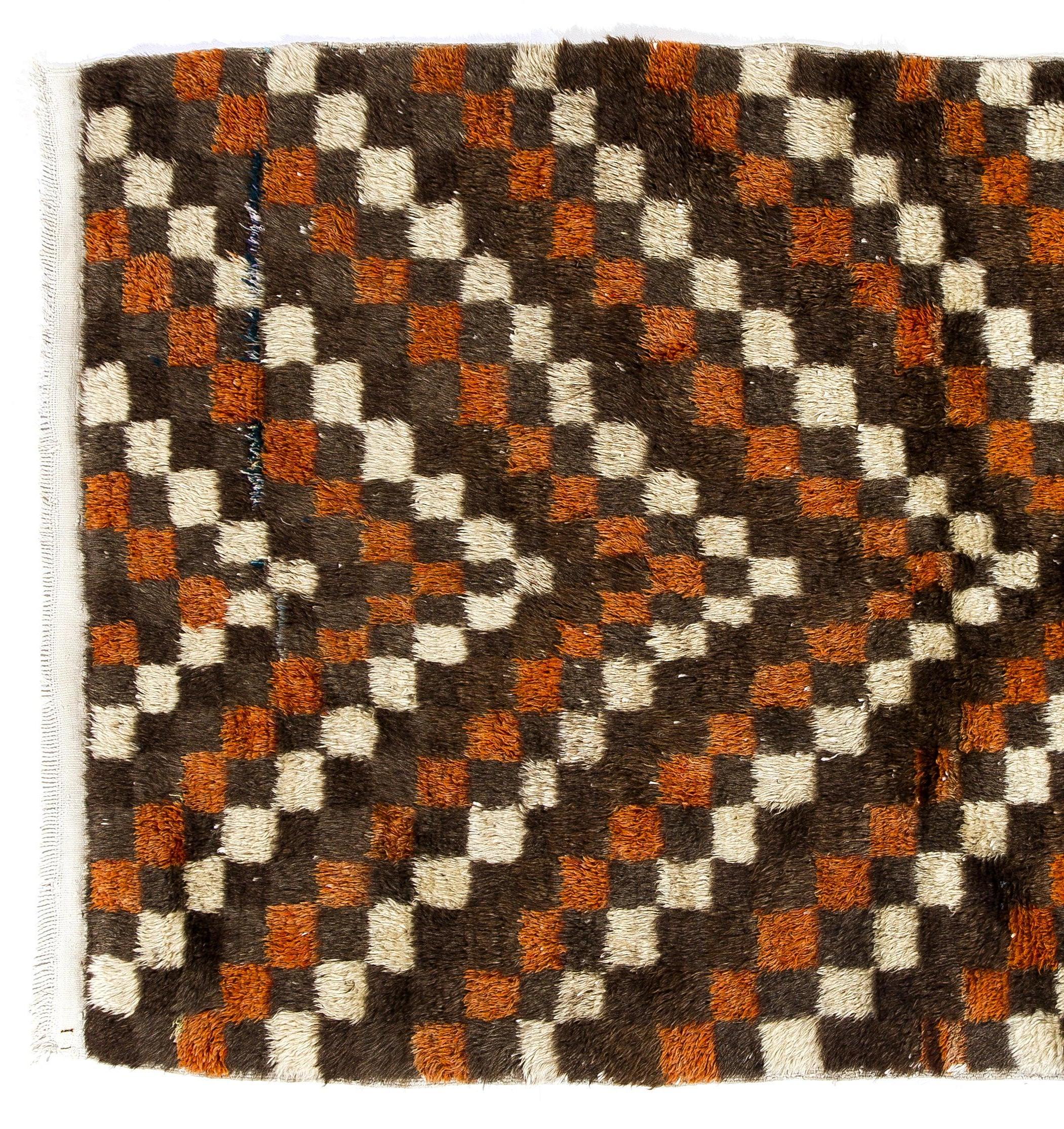 Hand-Knotted Handmade Turkish Checkered Design Wool Tulu Rug. Carpet Custom Options Available For Sale