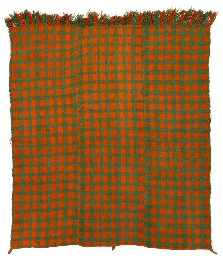 Hand-Woven Chequered Turkish Kilim in Orange and Green Colors