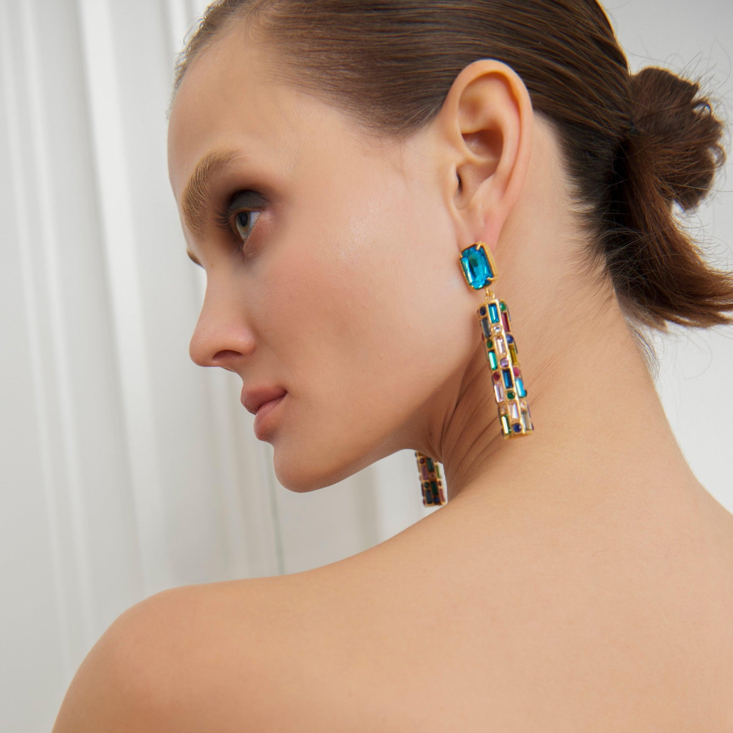 Baguette Cut Cher Drop Earrings - Deep Blue With Multicolor Drops
