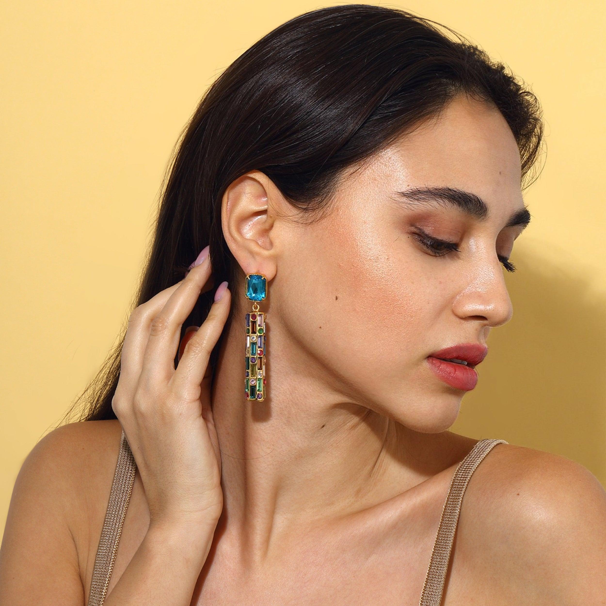 Cher Drop Earrings - Deep Blue With Multicolor Drops 1