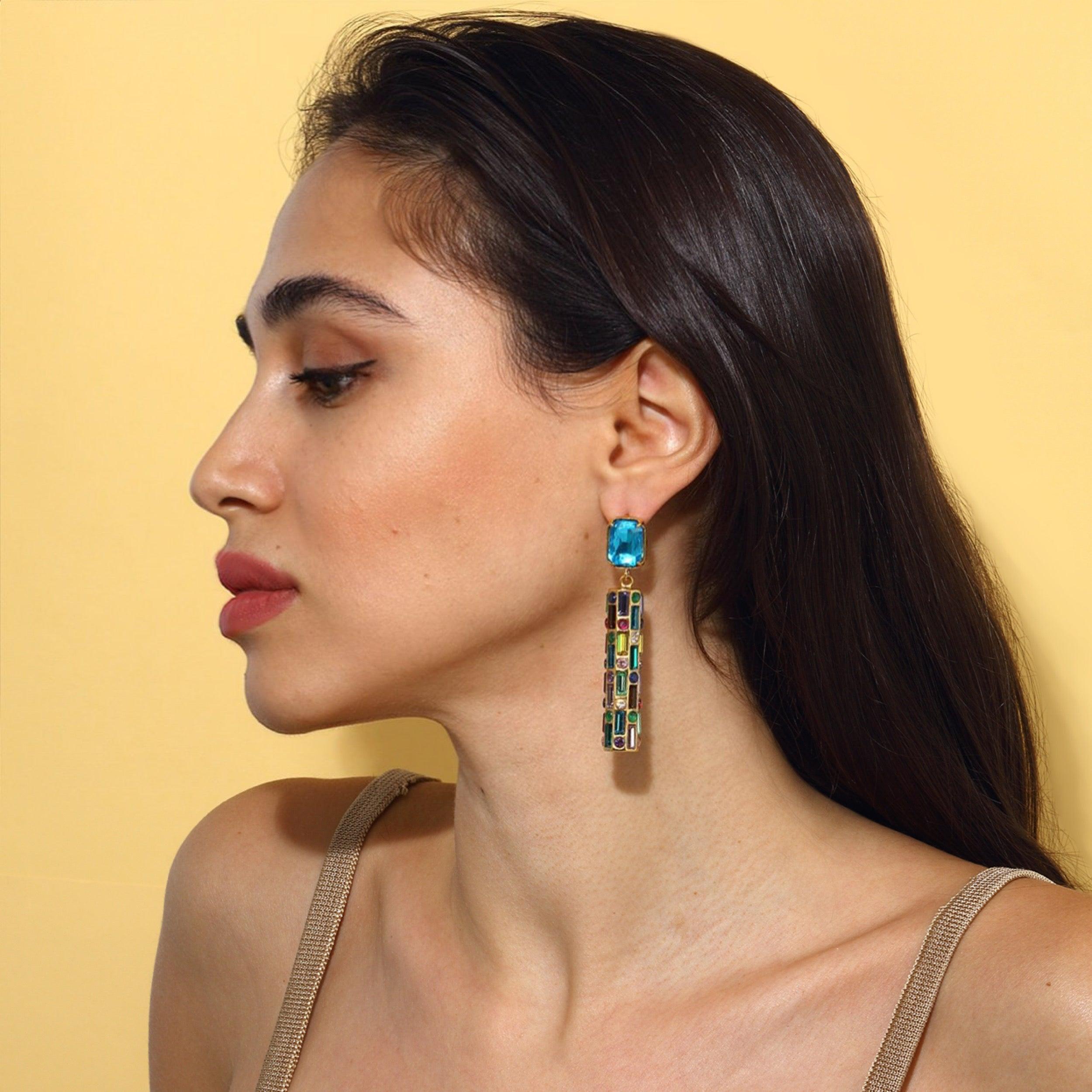 Cher Drop Earrings - Deep Blue With Multicolor Drops 2