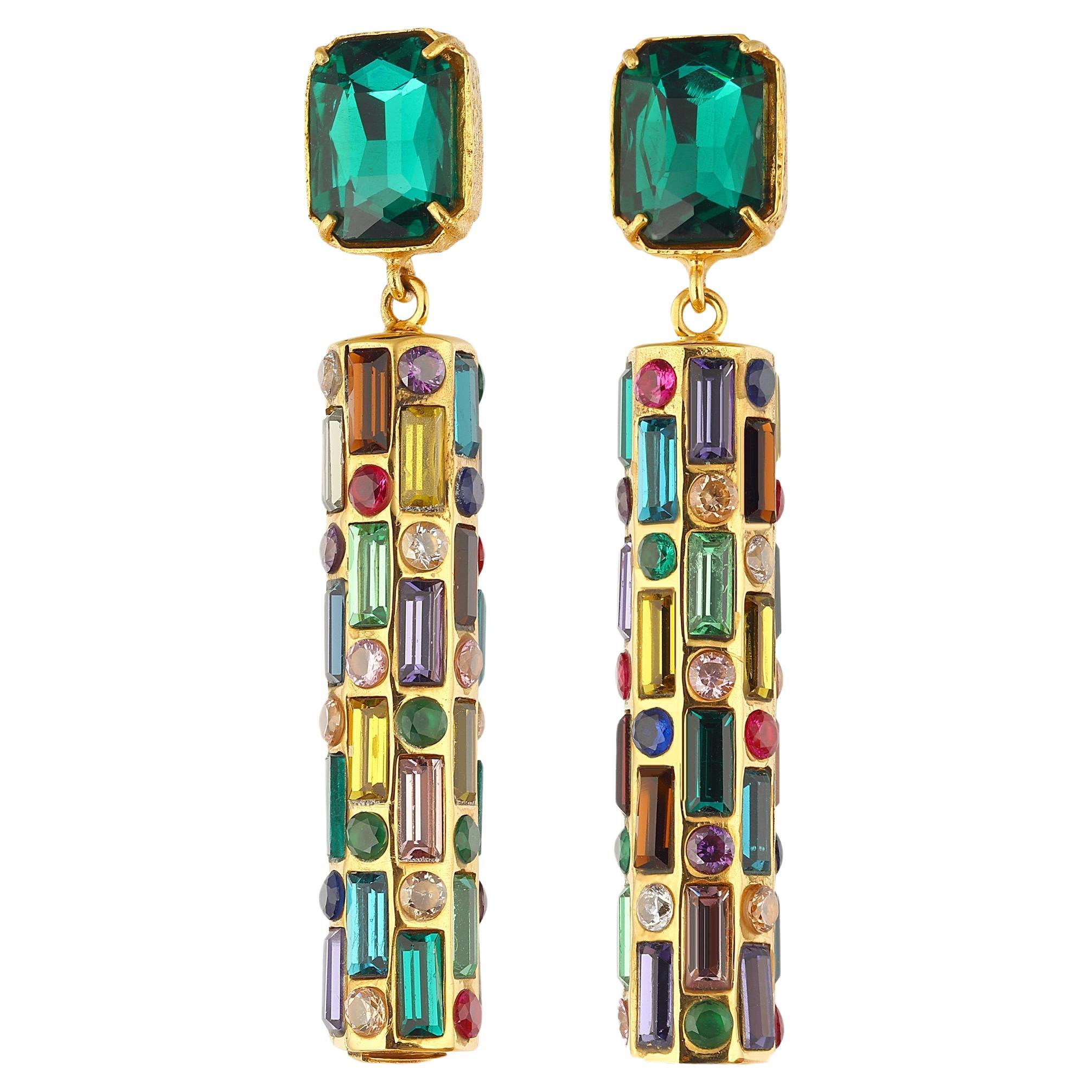 Cher Drop Earrings - Emerald Green With Multicolor Drops
