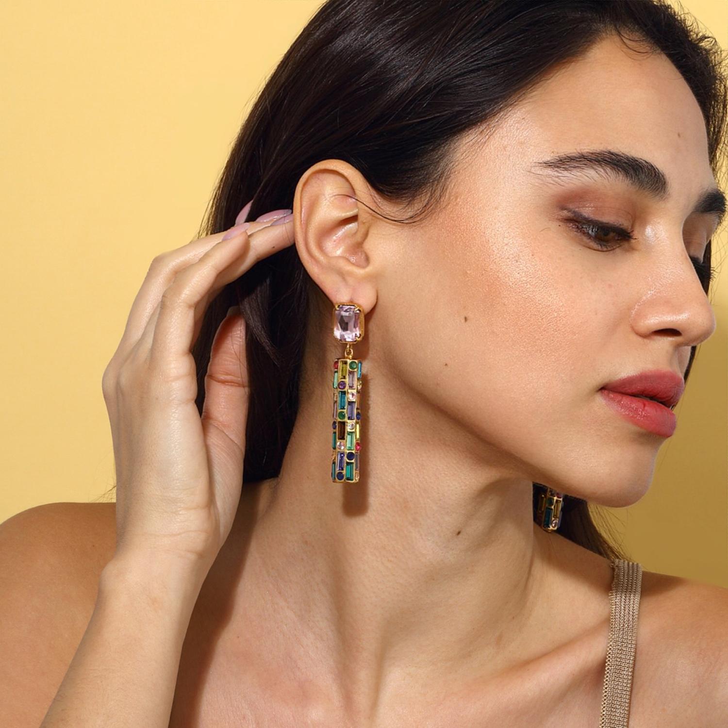Pendientes Gota Cher - Rosa Con Gotas Multicolor Corte baguette en venta
